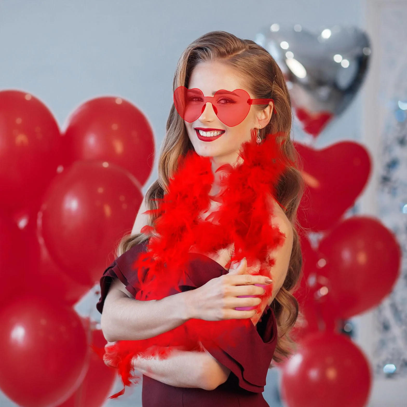 Lot de 2 boas en plumes artificielles avec lunettes en forme de cœur, décorations pour accessoires de danse - 2 m