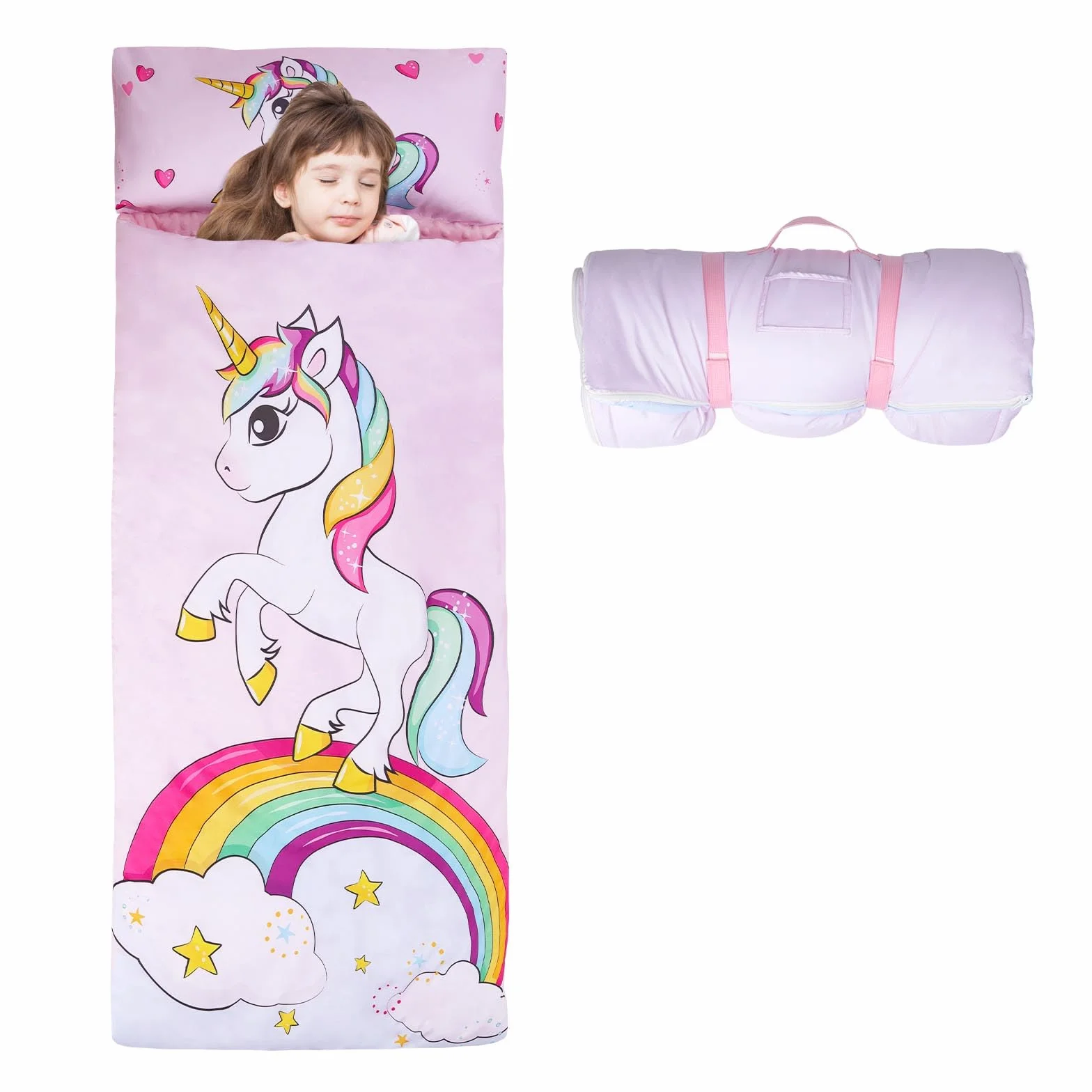 Sac de Couchage Chaud pour Enfants avec Oreiller Amovible, Double Fermeture Eclair pour Camping Ecole Garderie