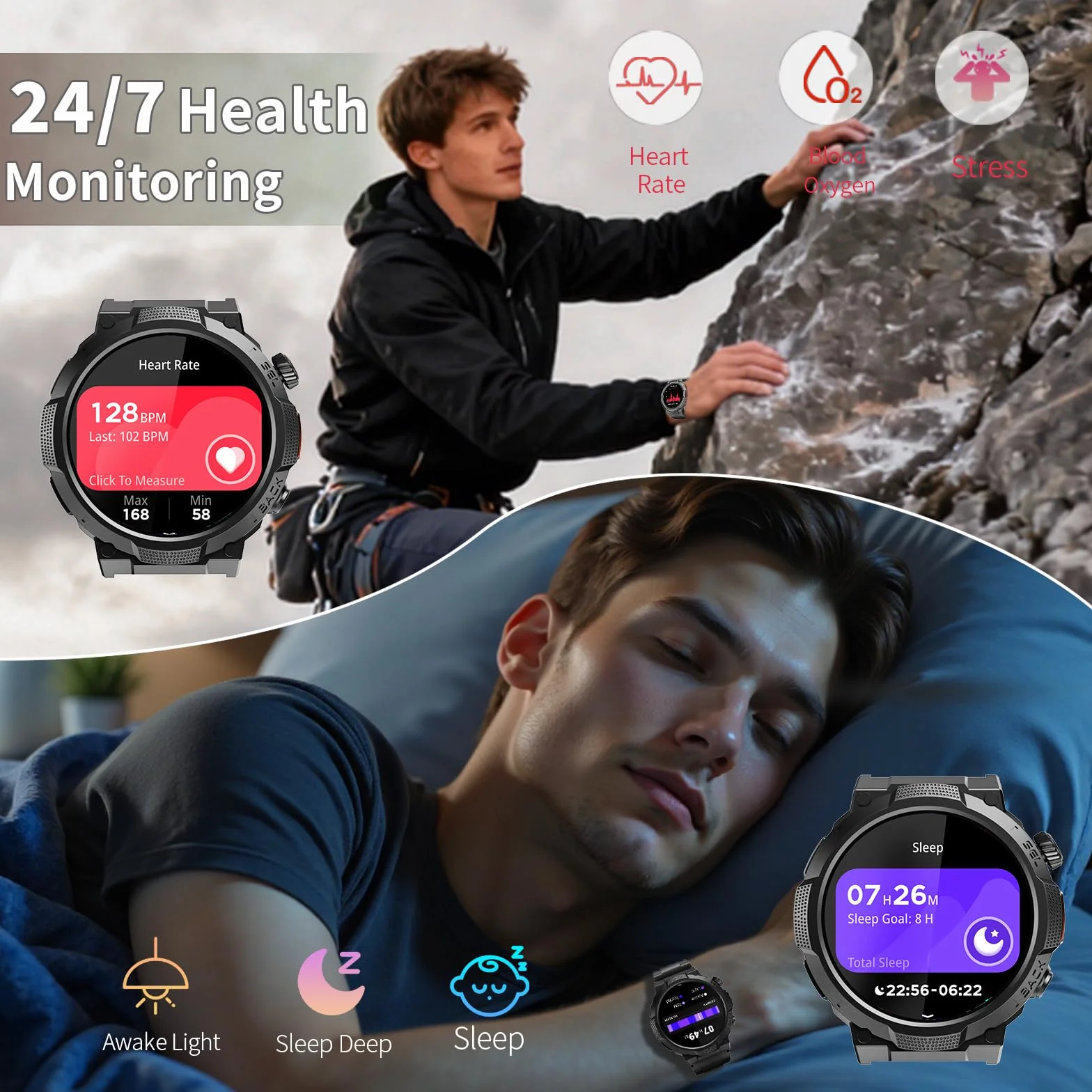 Soudorv Montre Connectée Homme Militaire Smartwatch LED Lampe 1000mAh 1.53" HD Appels Bluetooth Fréquence Cardiaque Sommeil Etanche IP68 Noir