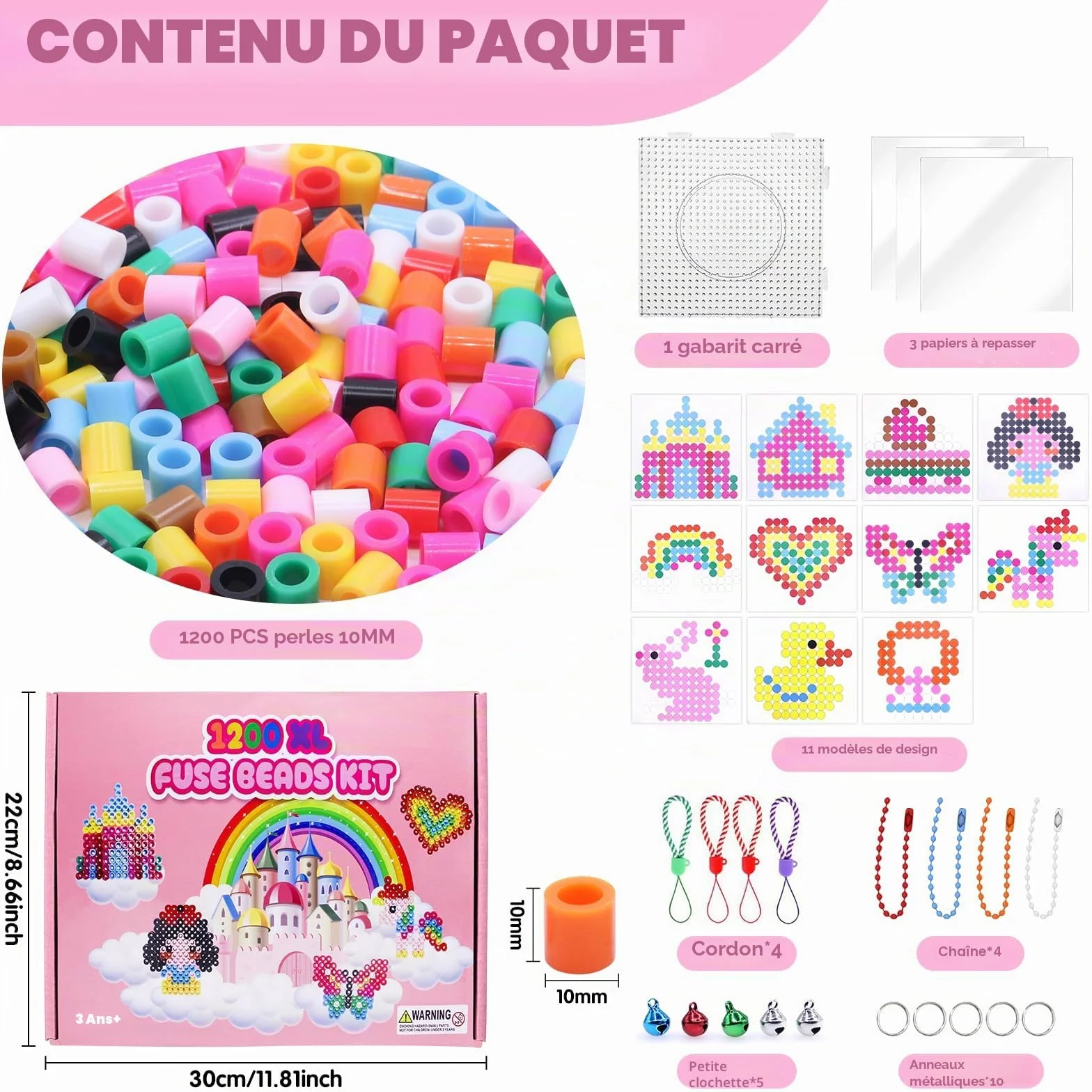 Perles à Repasser 10 mm Lot de 1200 avec Plaque Carrée et Motifs Créatifs pour Enfants