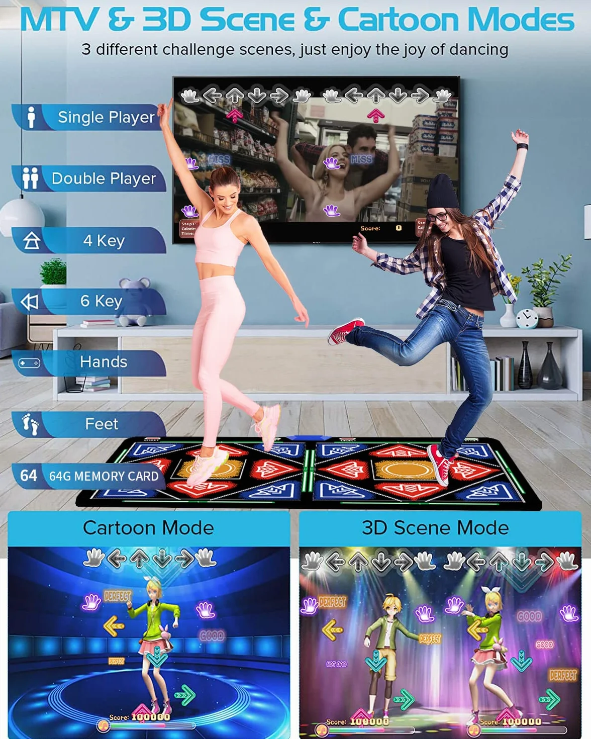 Tapis de Danse Électronique avec Caméra, 64 Go, 1030 Jeux, 81 Vidéos Musicales, 650 Chansons