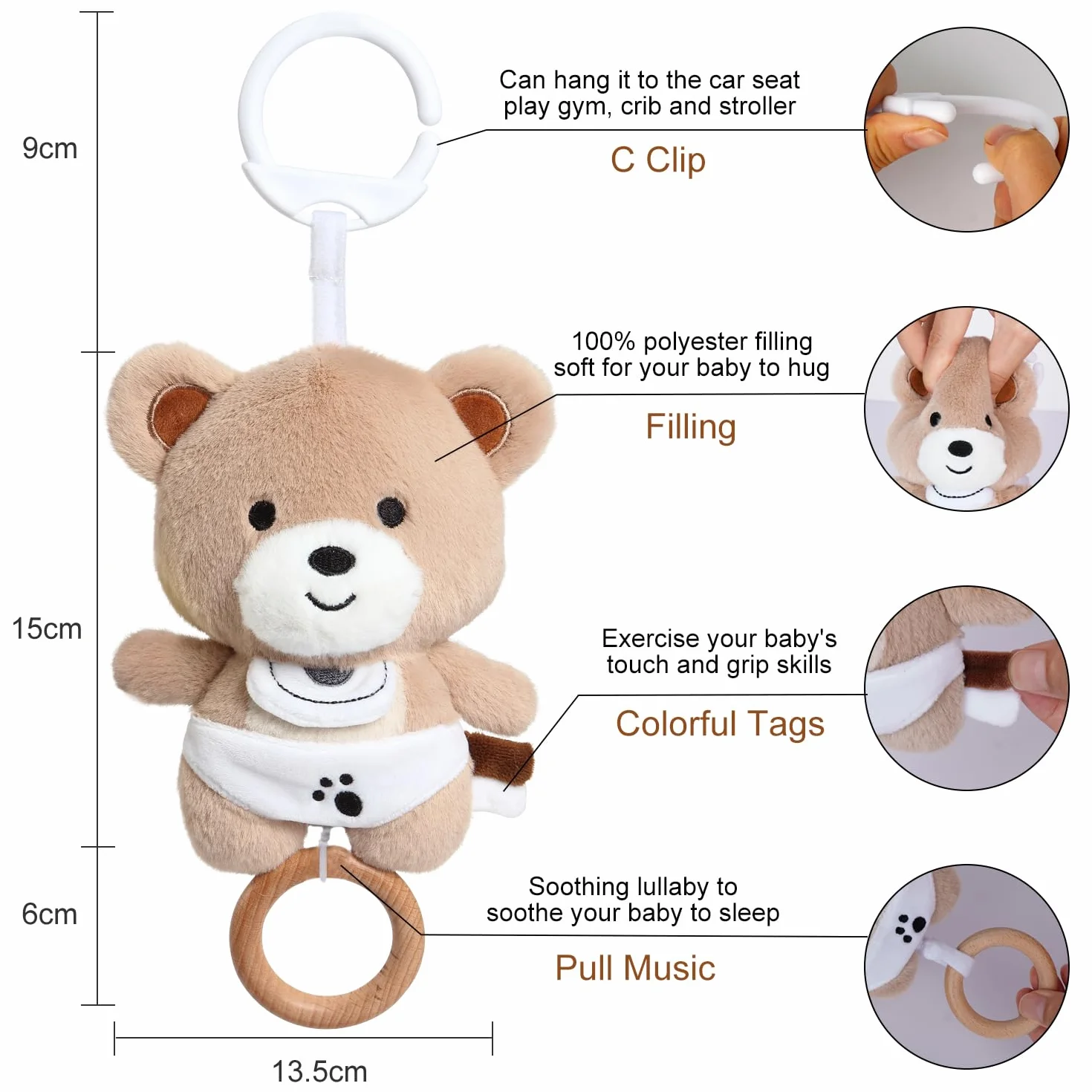 Peluche Bébé Ours avec Musique Douce pour Poussettes et Berceaux