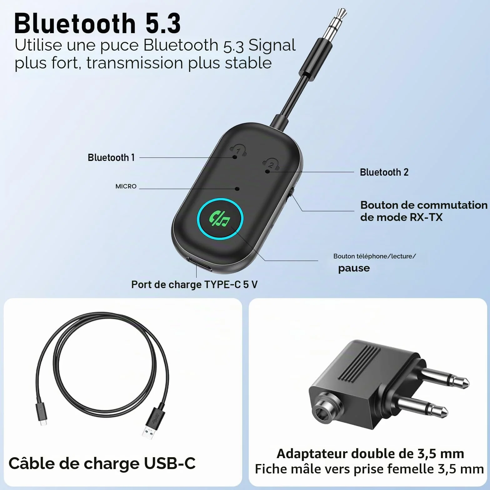 Adaptateur Bluetooth 5.3 2 en 1 Récepteur Emetteur Jack 3.5mm pour AirPods Casques TV PC Voiture