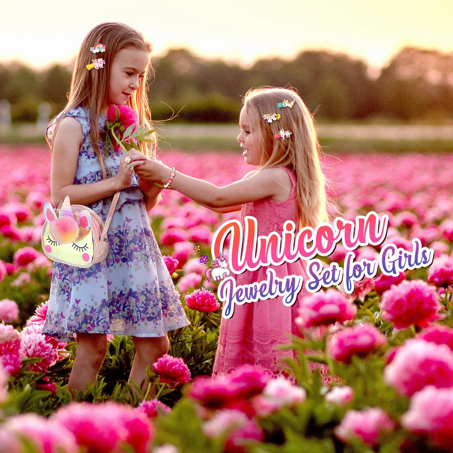 Hapikids Sac à Main Bijoux Enfants Fille Unicorn Collier Bracelet Boucle d'oreille Bagues Kit Cadeau 2-6 Ans