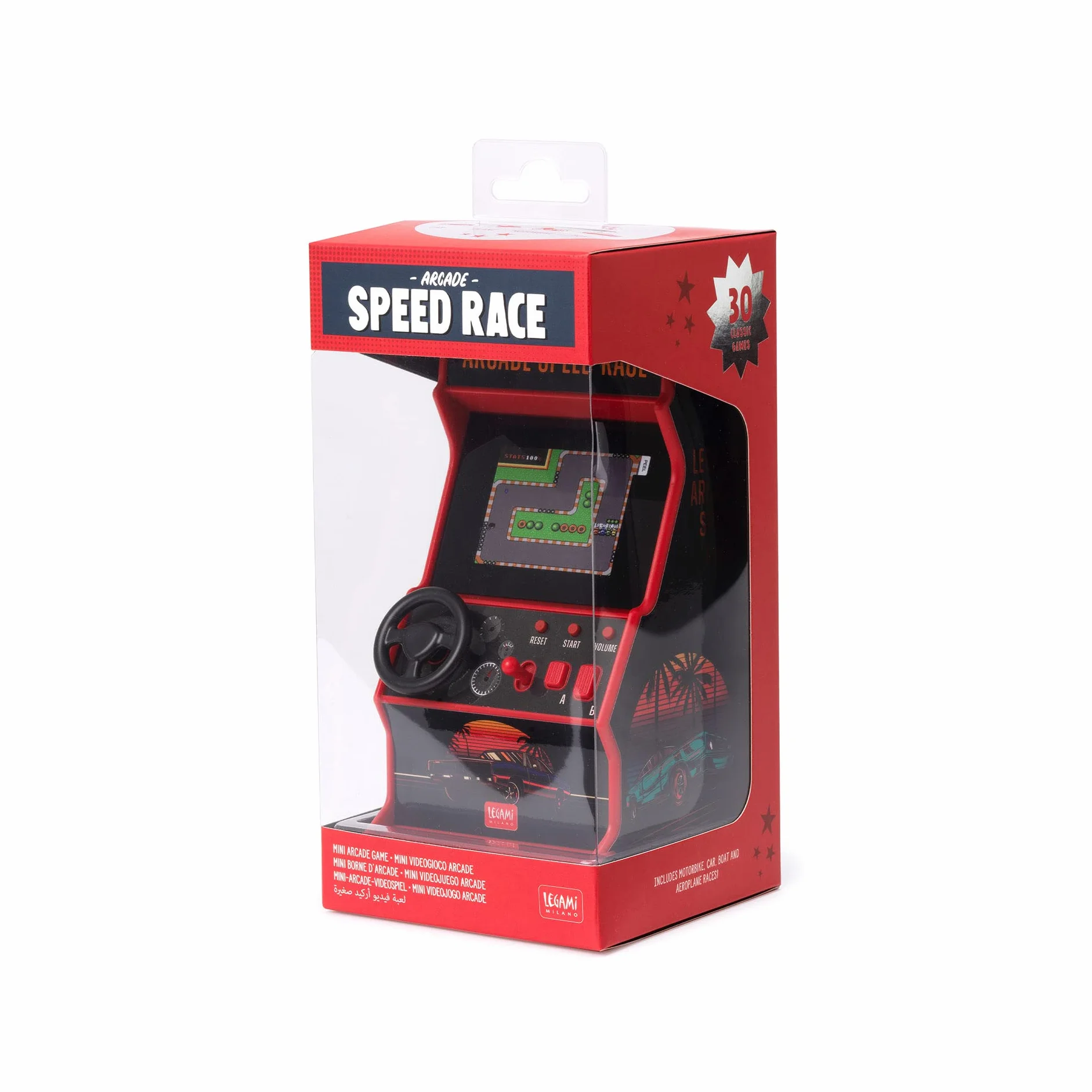 Legami Mini Jeu vidéo Arcade Speed Race 30 Jeux Langue Anglaise lumières Sons 8,5 x 26 cm écran 2,4 Pouces