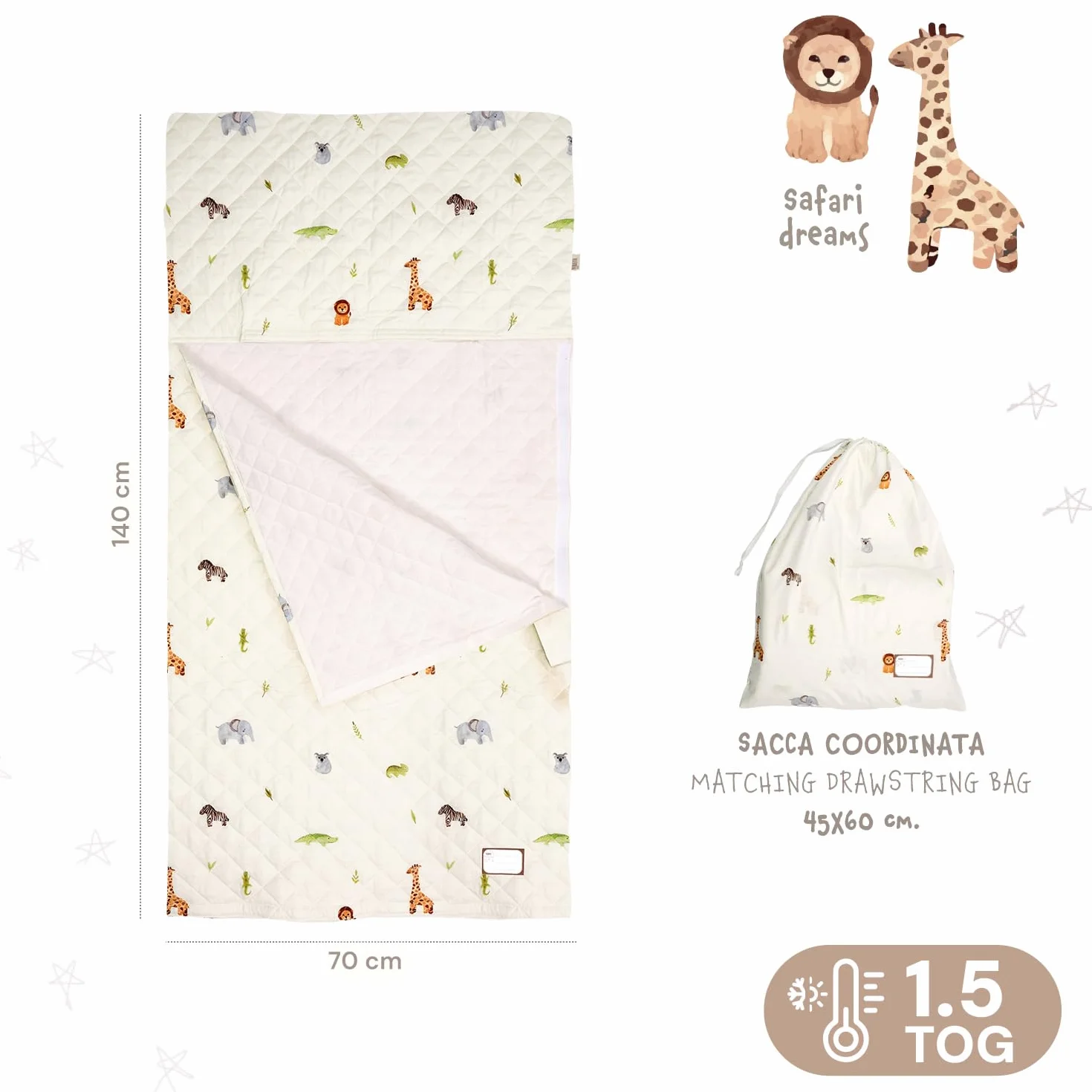 Sac de Couchage Enfants 1.5 TOG 140x70 cm avec Poche pour Coussin Fille Garçon 3-7 Ans