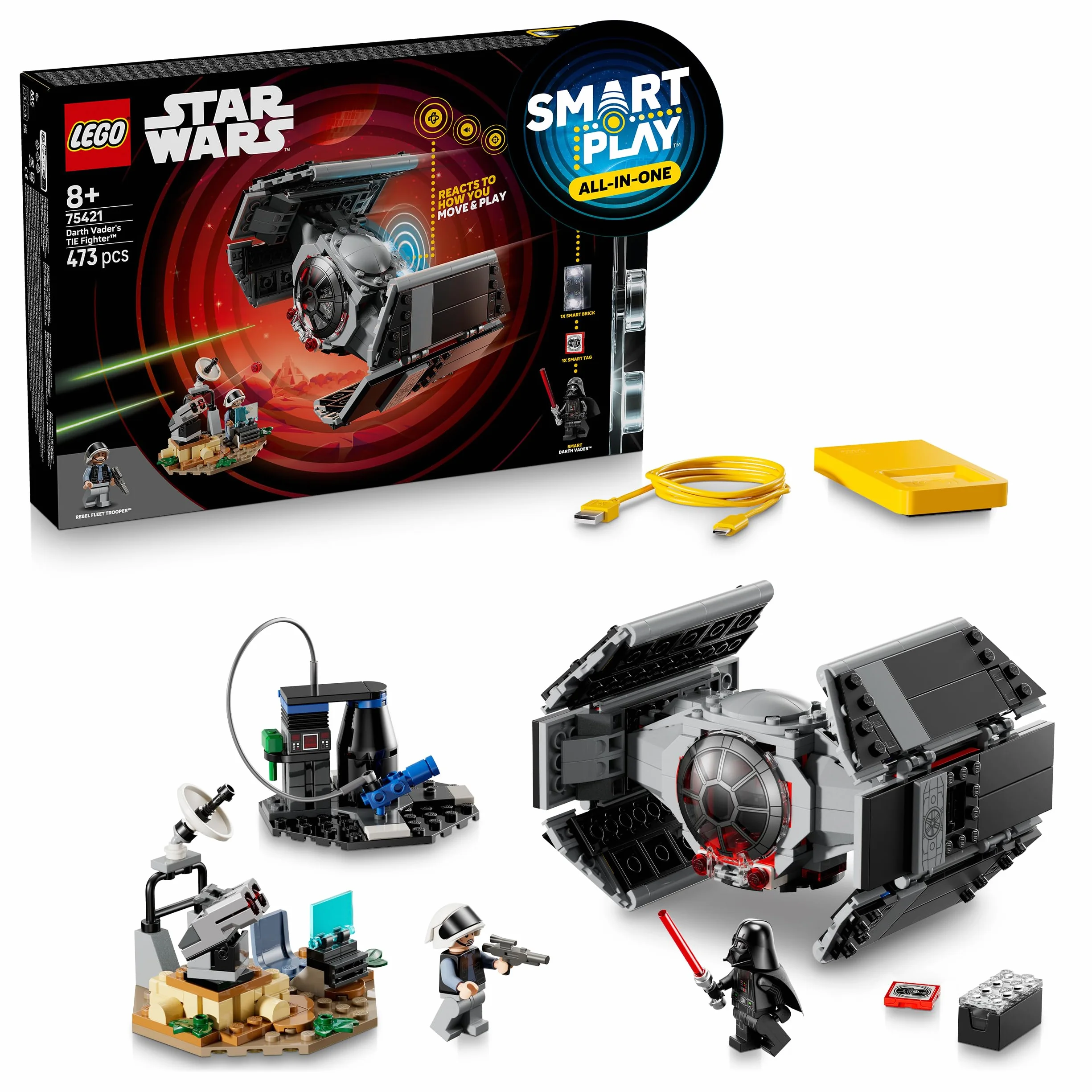 LEGO Star Wars 75421 Smart Play TIE Fighter de Dark Vador Jouet Interactif Tout-en-Un avec Smart Brique Tag Minifigurine Chargeur