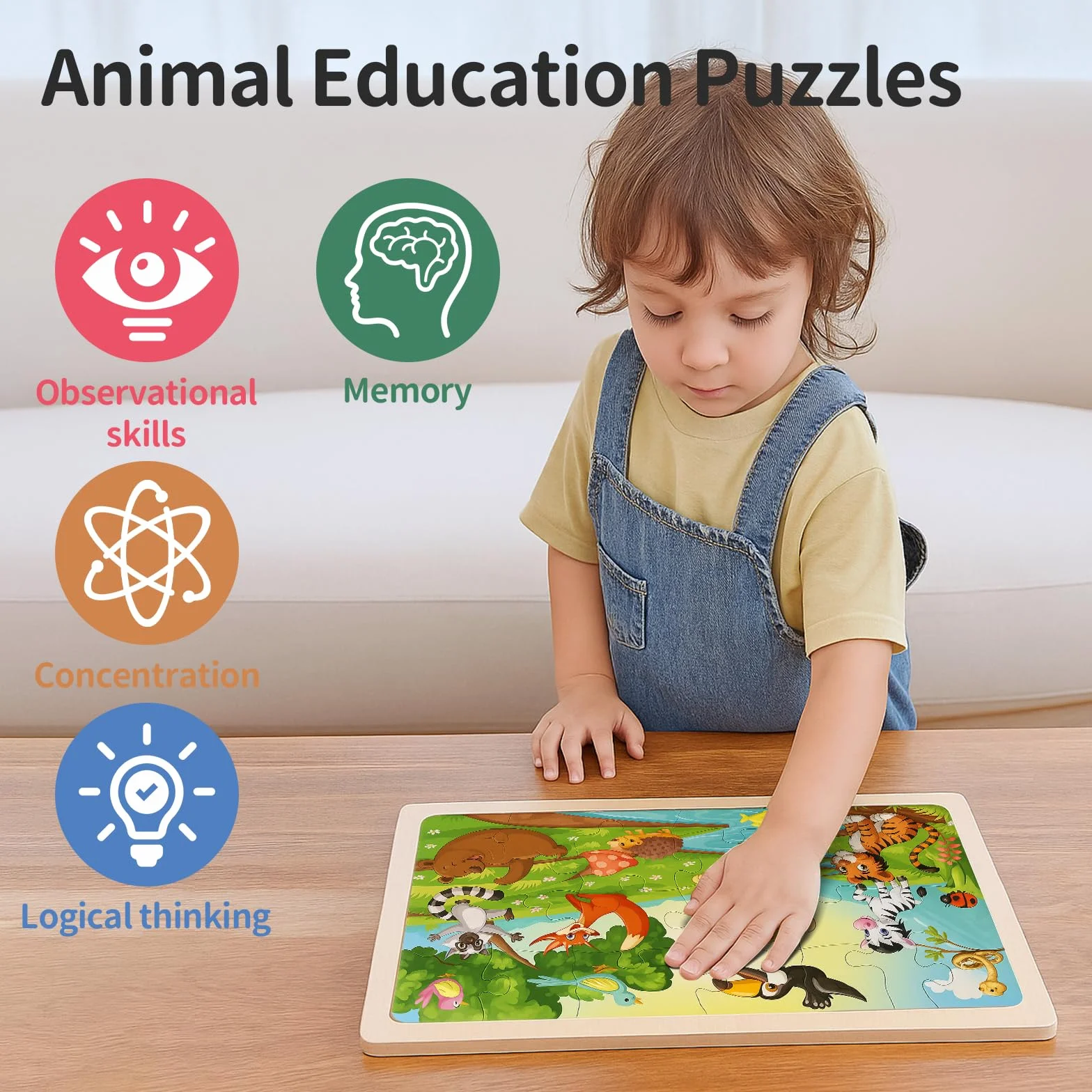 Puzzle Enfant 3 Ans 5 X 24 Pièces Bois Animaux Jouet Educatif Préscolaire pour Garçons Filles