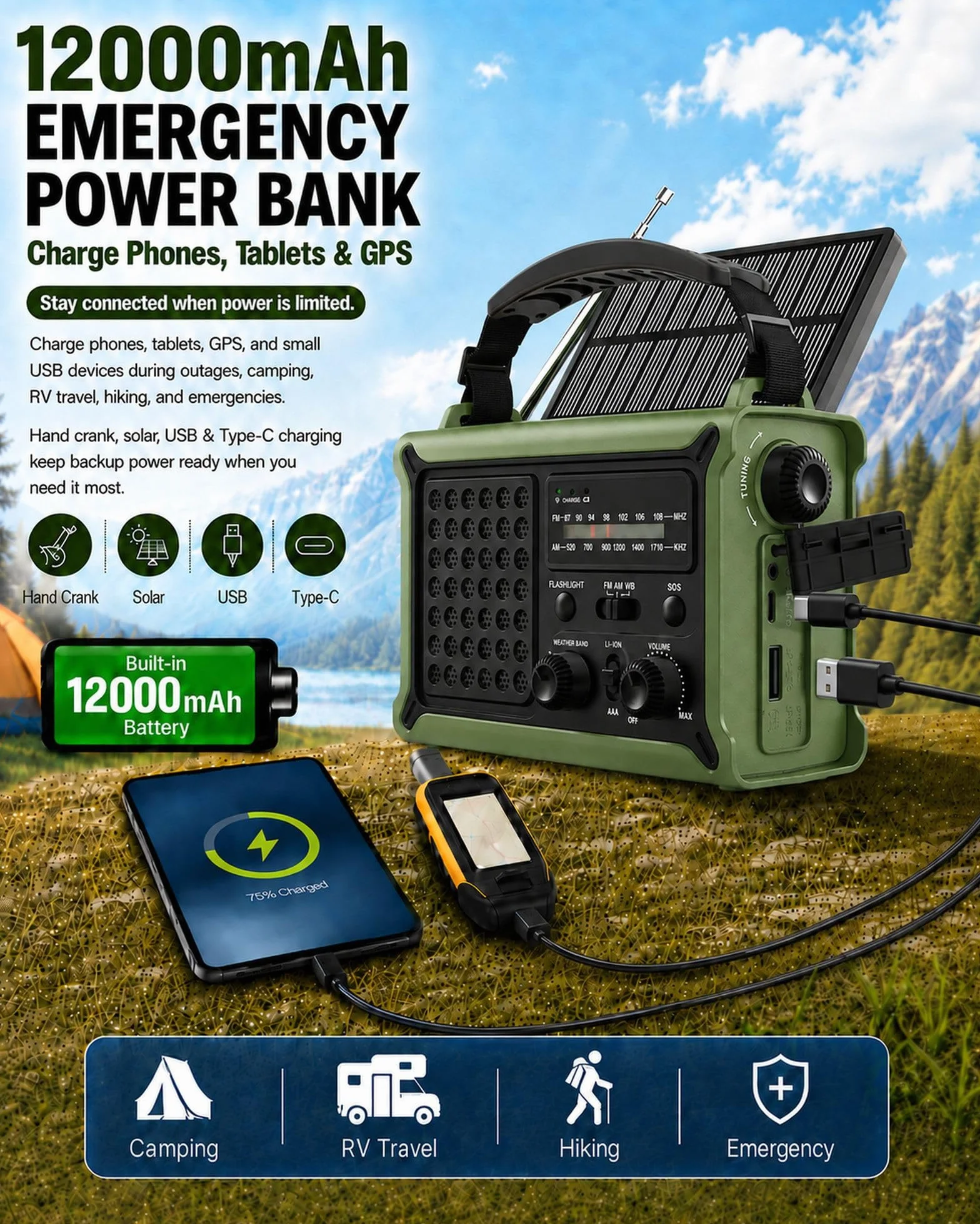 Radio météo d'urgence NOAA solaire à manivelle 12 000 mAh avec lampe LED SOS