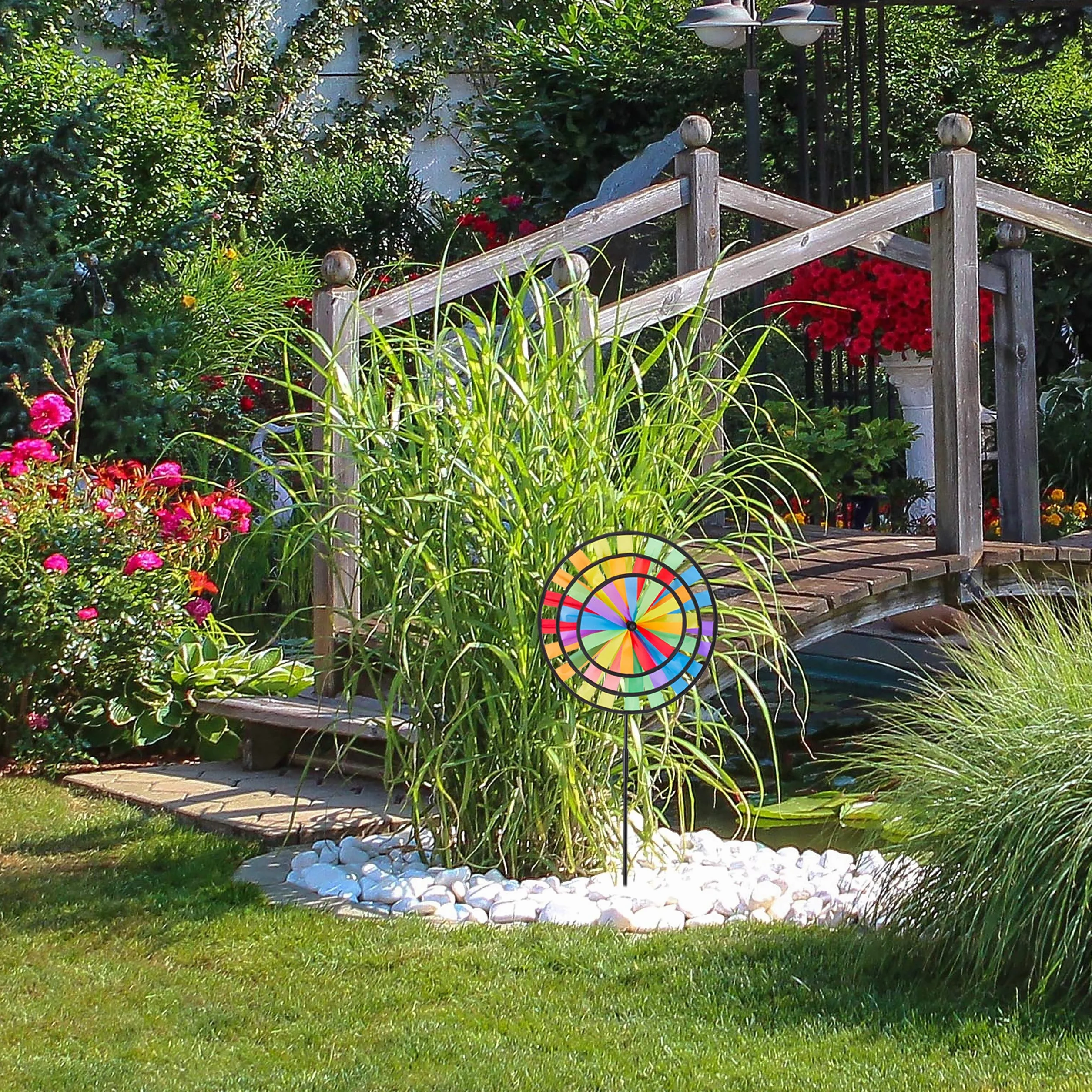 Relaxdays Moulin Arc-en-Ciel Carillon à Vent à Planter Jouet Jardin Balcon 73,5 x 35,5 x 15 cm Multicolore