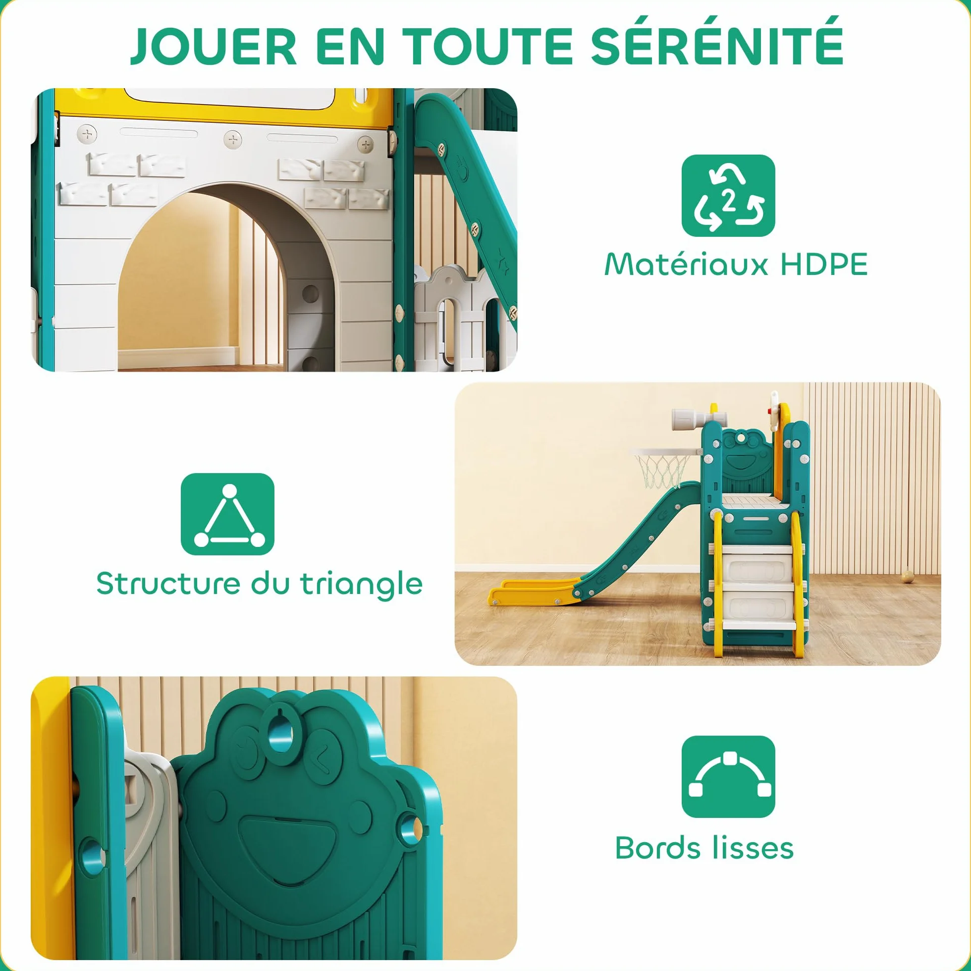 AIYAPLAY Toboggan 7 en 1 pour Enfant avec Panier de Basket, Tunnel, Escalade, Aire de Jeux intérieur et extérieur 1-3 Ans Jaune
