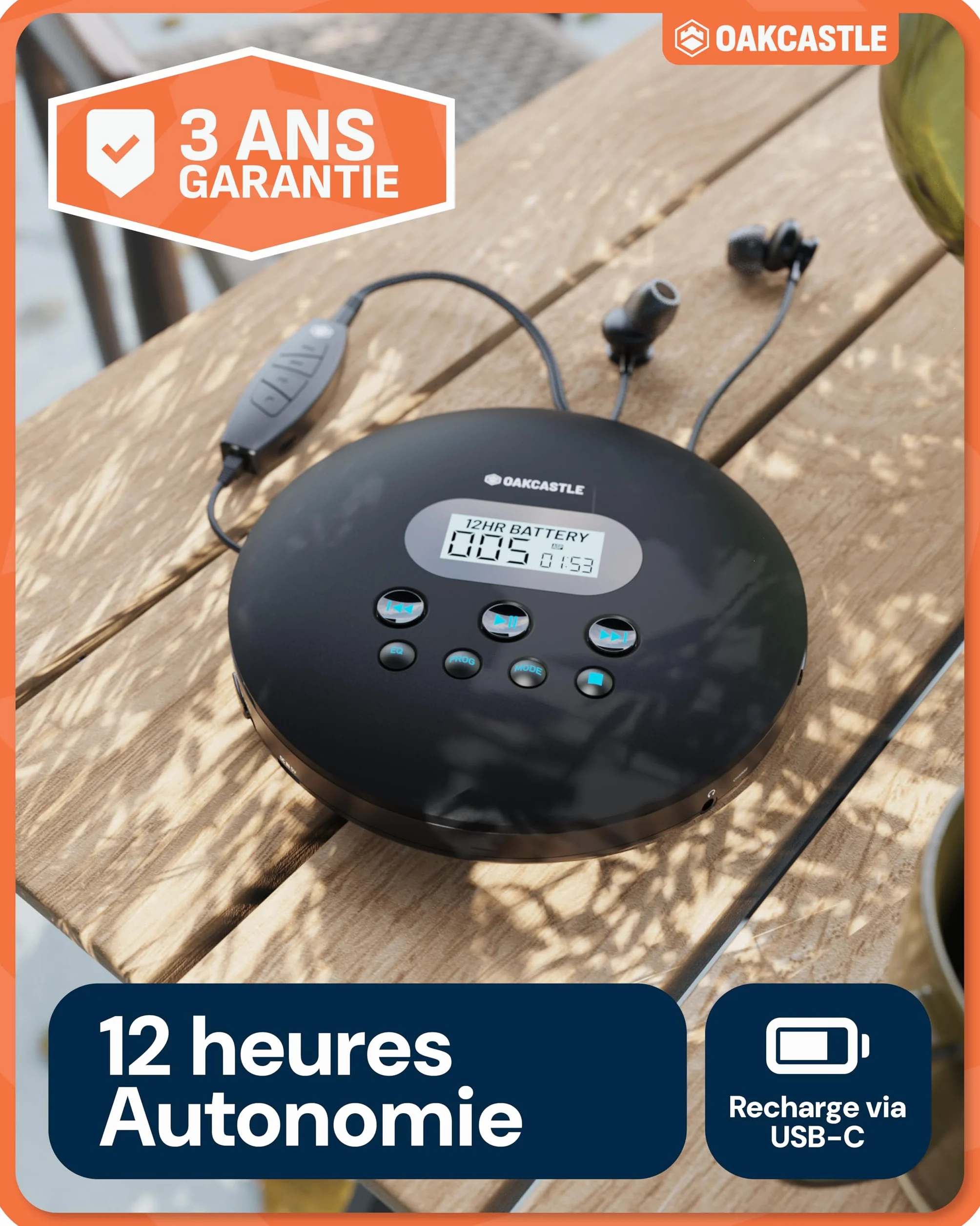 OAKCASTLE CD100 Lecteur CD Portable Bluetooth avec Batterie Rechargeable 12 Heures Antichoc