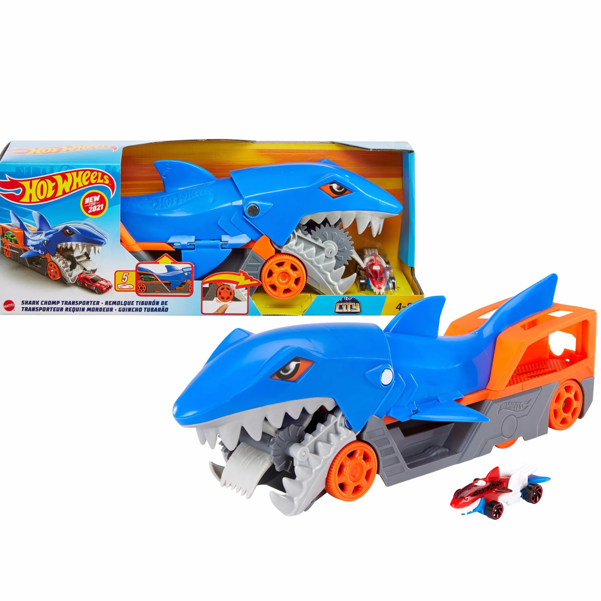 Hot Wheels City Requin Transporteur Camion Qui Avale Les Petites Voitures Contenir Jusqu'à 5 Véhicule Inclus Jouet Enfant GVG36