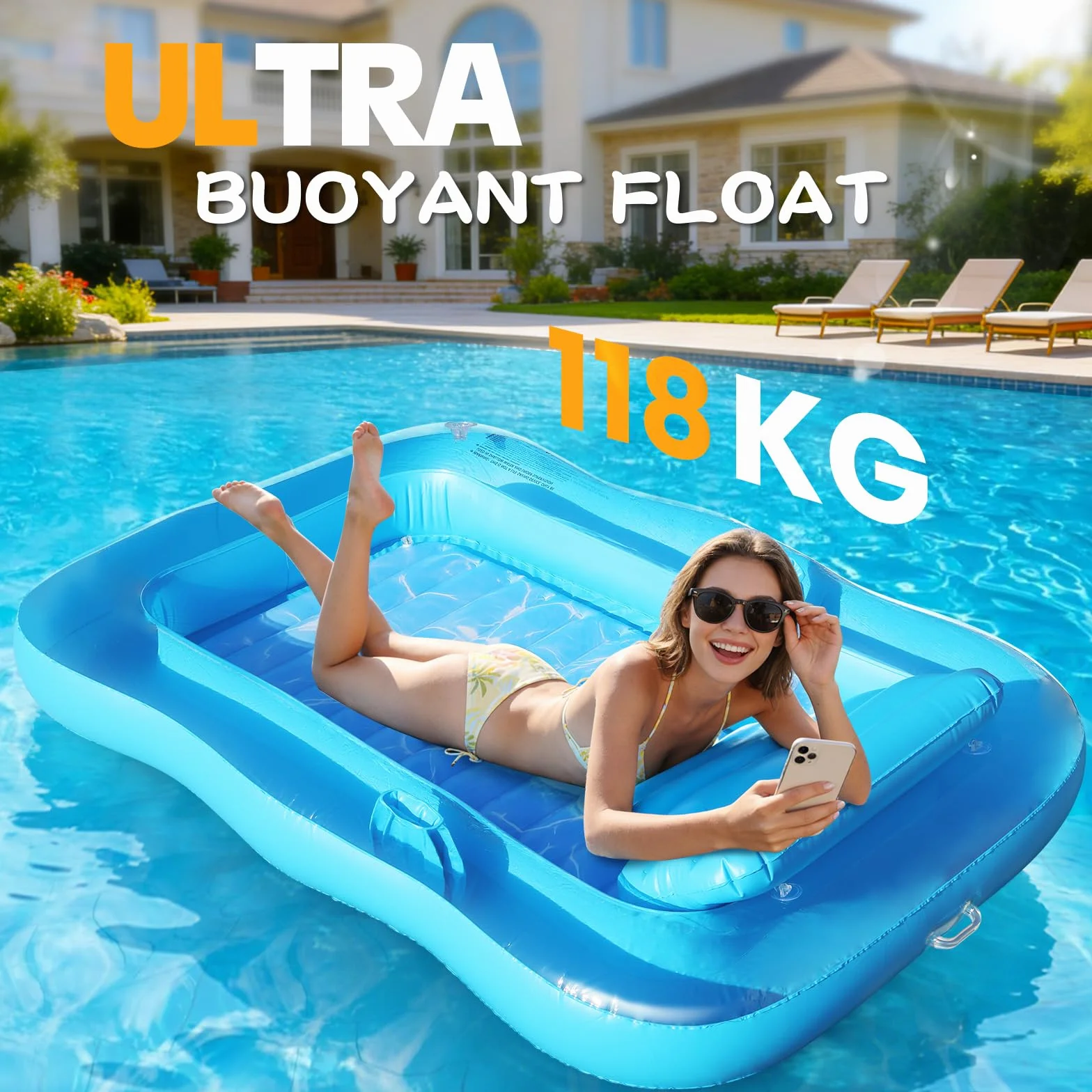 KingSom Matelas Gonflable Piscine Adultes avec Oreiller, Porte-Boisson et Porte-Téléphone
