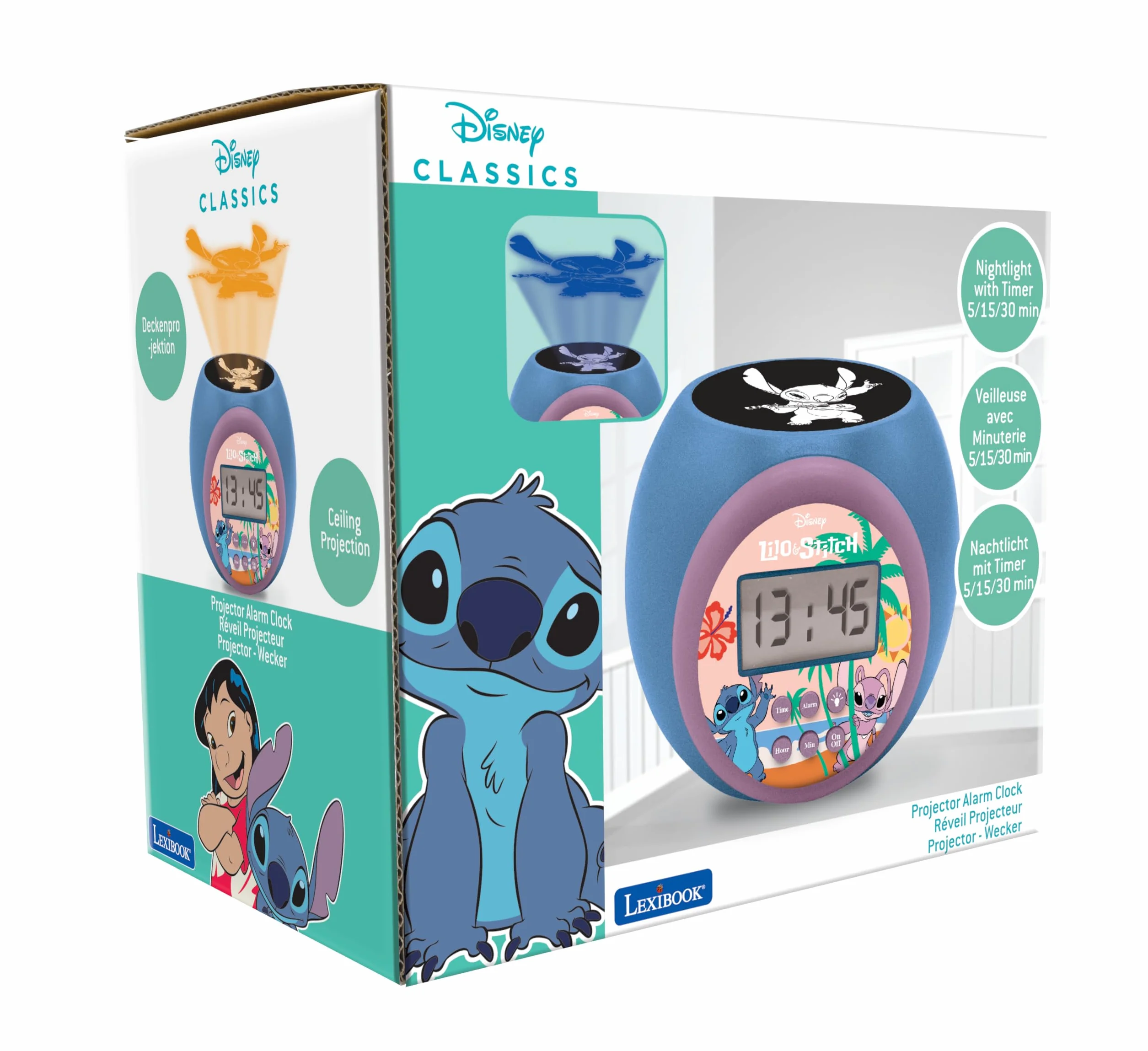 Lexibook Disney Stitch Réveil-projecteur avec Alarme Snooze Veilleuse Minuterie Écran LCD Piles Bleu RL977D
