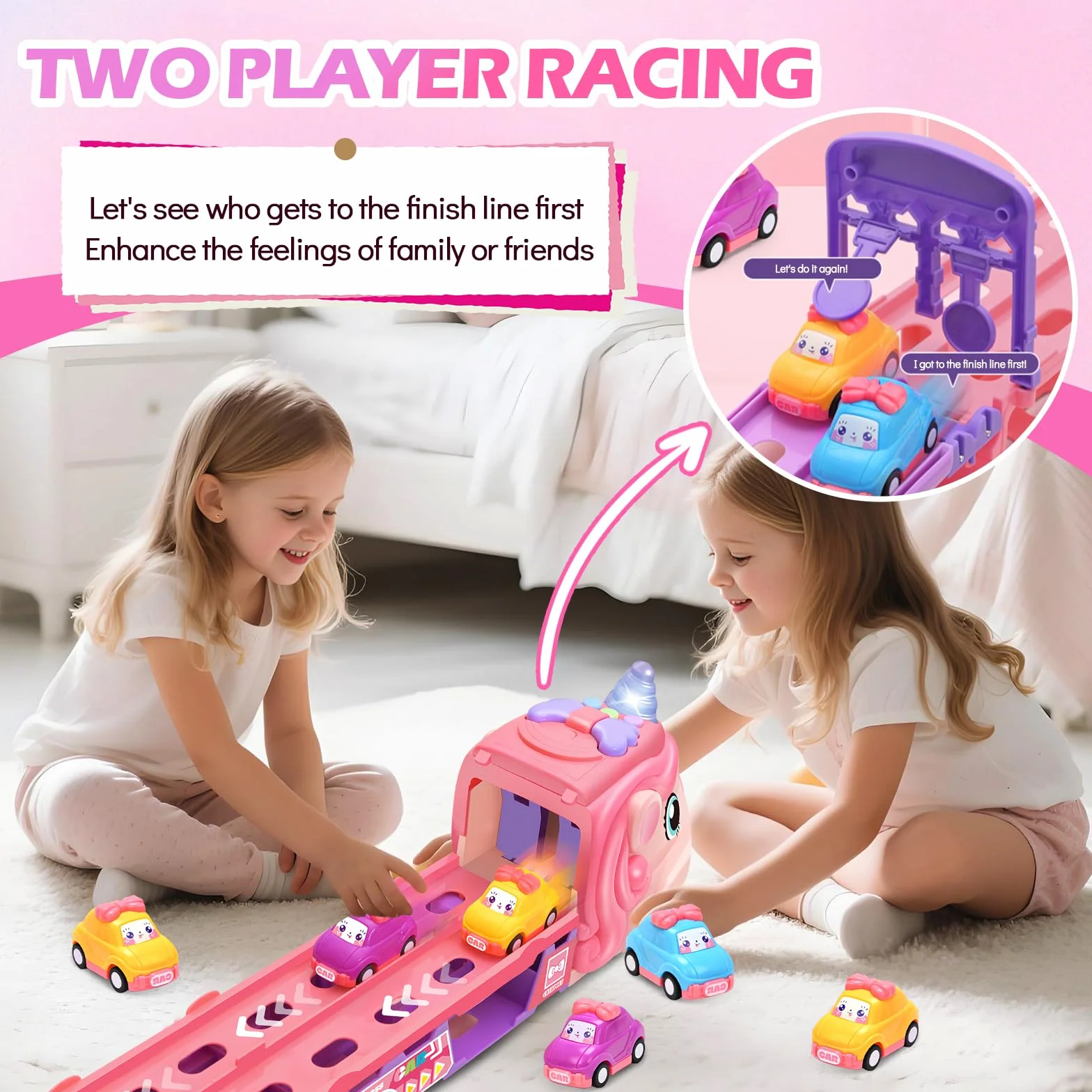 RoserRose Camion Licorne pour Fille 2-6 Ans avec 6 Mini-Voitures et Piste de Course, Lumières et Musique, Cadeau Enfant