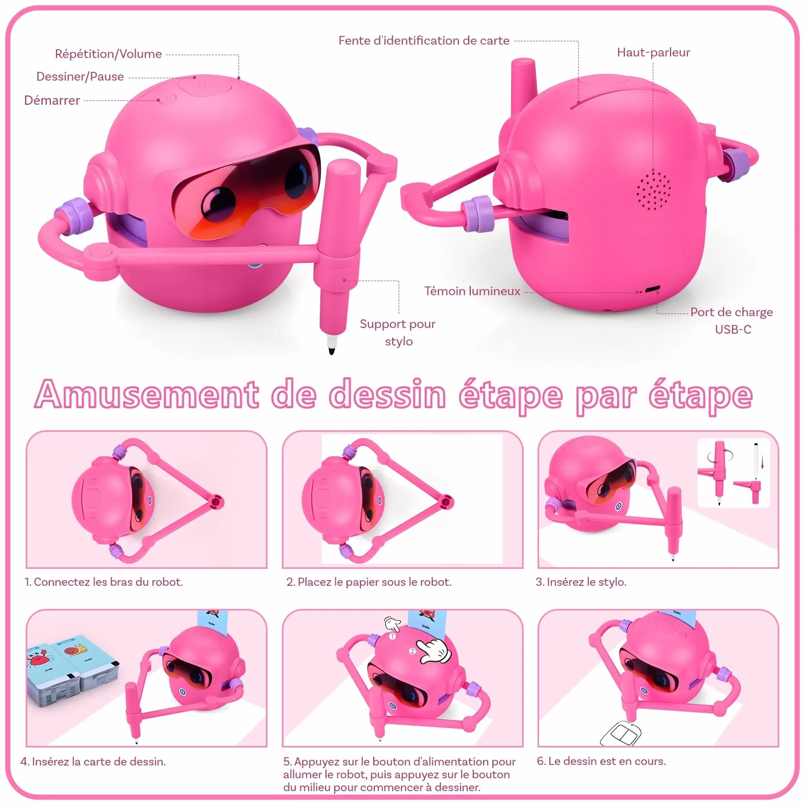 Robot de Dessin pour Enfants MMOBIEL Pictobot Jouet Éducatif Interactif 100 Cartes de Dessin Guide Vocal 12 Feutres Colorés Batterie USB-C Cadeau Filles Garçons 3-9 Ans Rose