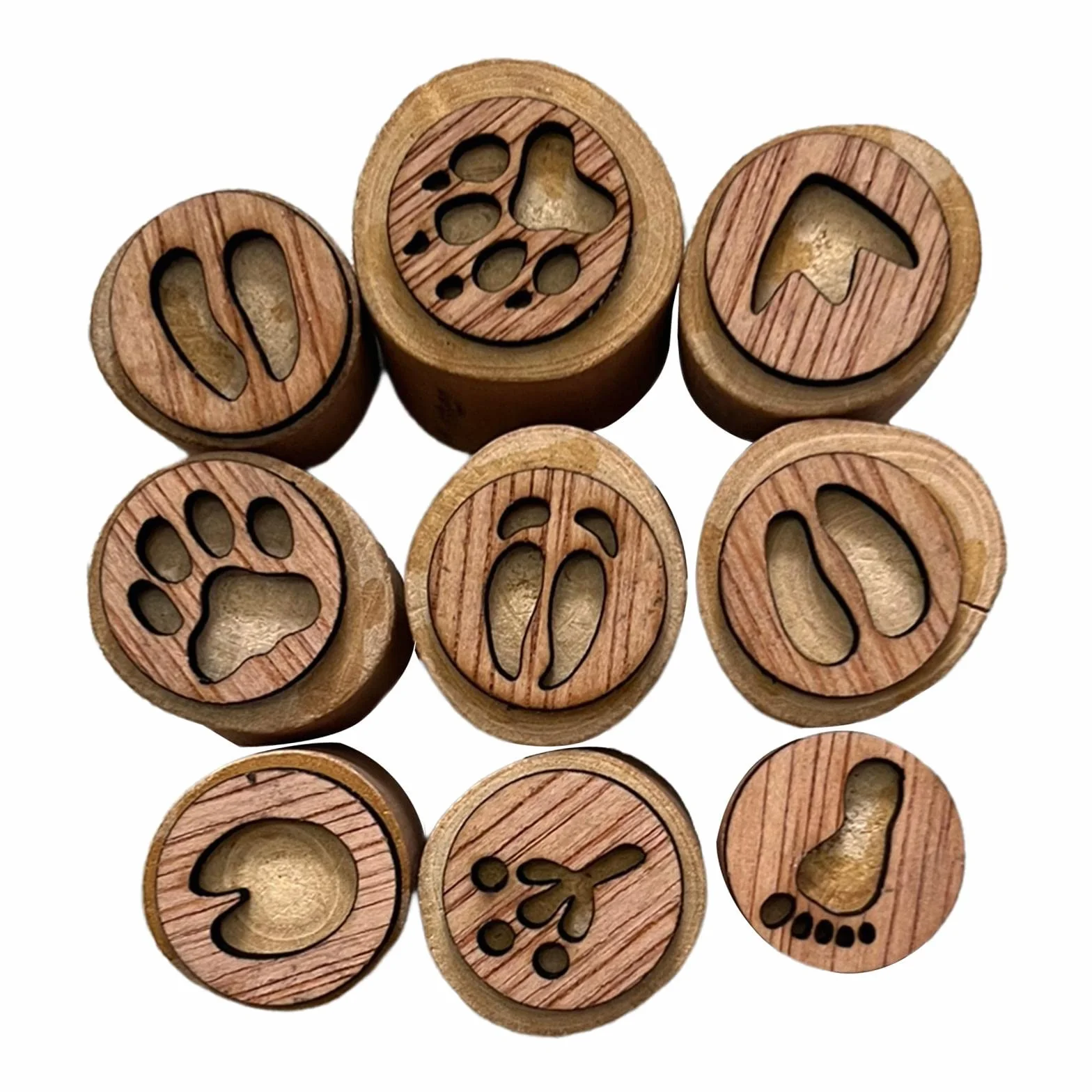 F Fityle 9X Ensemble de Tampons en Bois Animaux Patte Timbre Scrapbook DIY Tampons de Piste d'Animaux Faits à la Main 2,5-3,5 cm