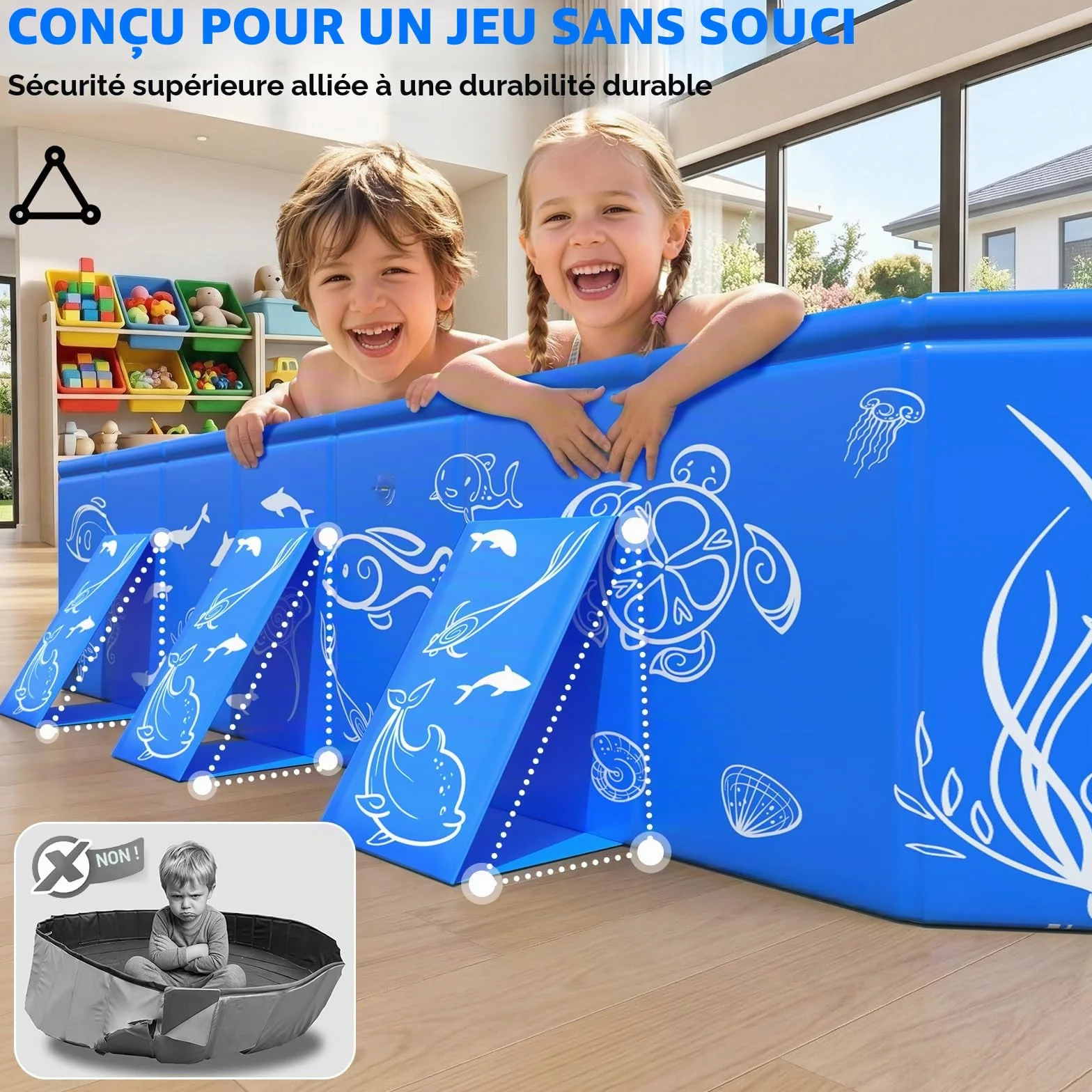 KingSom Piscine Rectangulaire Enfants avec Auvent, Pliable Pare Soleil Anti UV, 135 x 102 x 31 cm