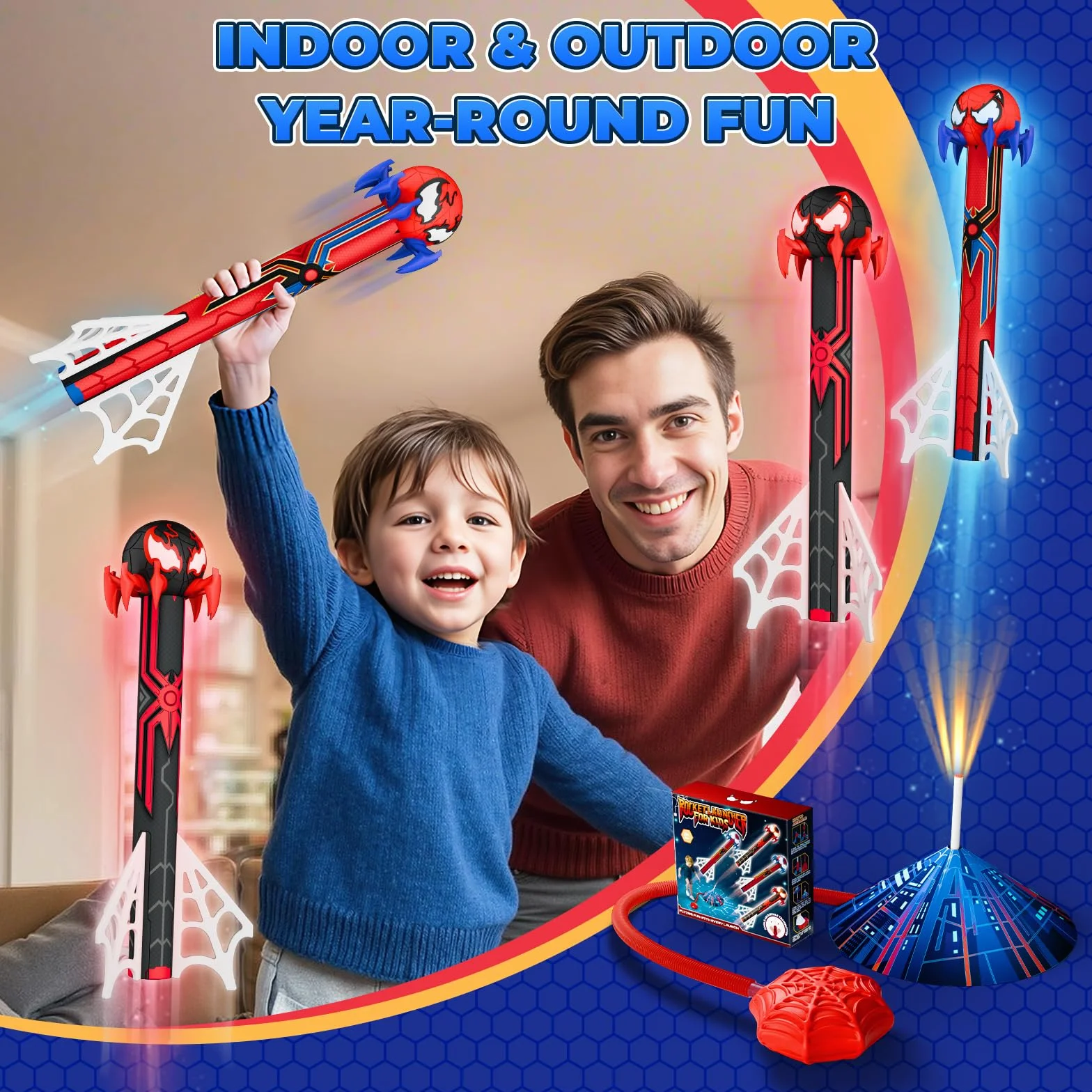 Fusée Enfant Cadeau Garçon 3-12 Ans Jouet Extérieur 4 Fusées & Pompe Design Toile d'Araignée
