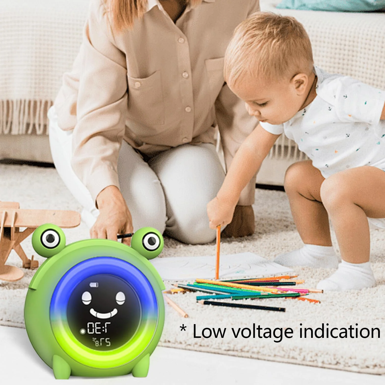 Réveil Enfant Éducatif Jour Nuit avec Emoji, Lampe de Chevet LED 5 Couleurs, Musique, Température, Snooze pour 2-10 Ans
