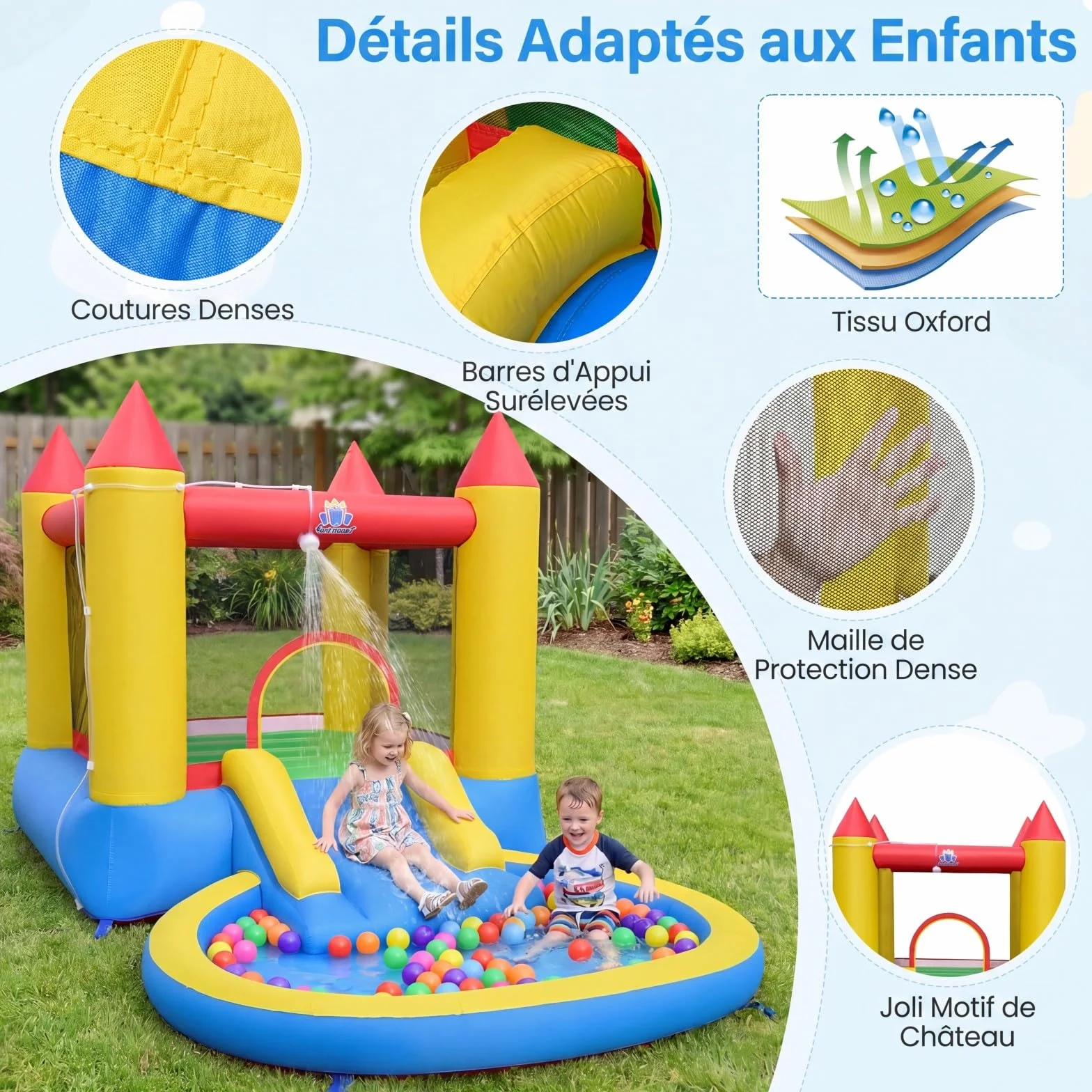 COSTWAY 3 en 1 Château Gonflable avec Toboggan et Maison de Saut, Aire de Jeux avec Piscine à Balles et 50 Balles Océaniques, pour 3-12 Ans