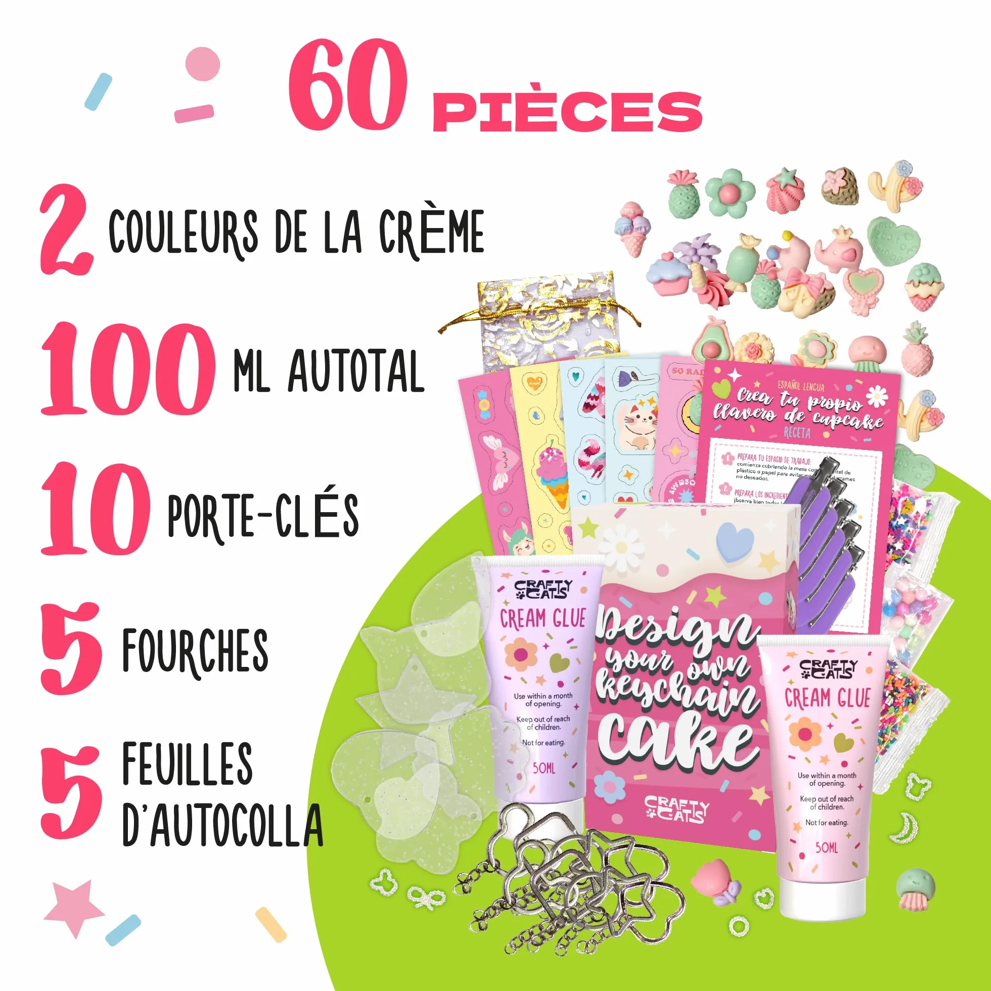 CRAFTY CATS DIY Kit Porte-clés Cupcake et Barrettes 60 pièces, colle crème, charms, anneaux, kits loisirs créatifs enfants