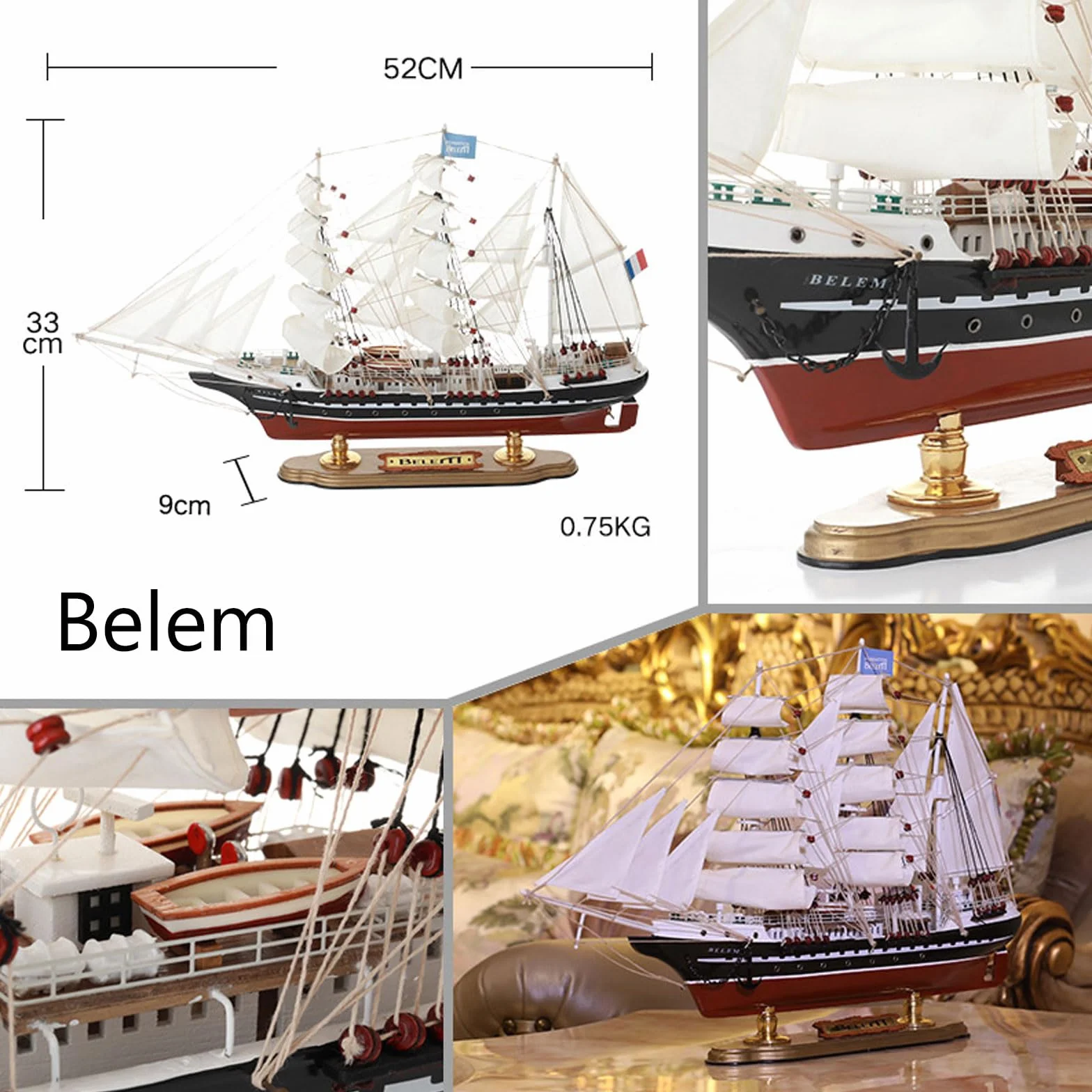 YLME Maquette De Voilier en Bois Massif 52 Cm Styles Méditerranéens Ornements De Maquette De Voilier en Bois Bois Massif Créatif Fait À La Main Artisanat De Simulation,Belem