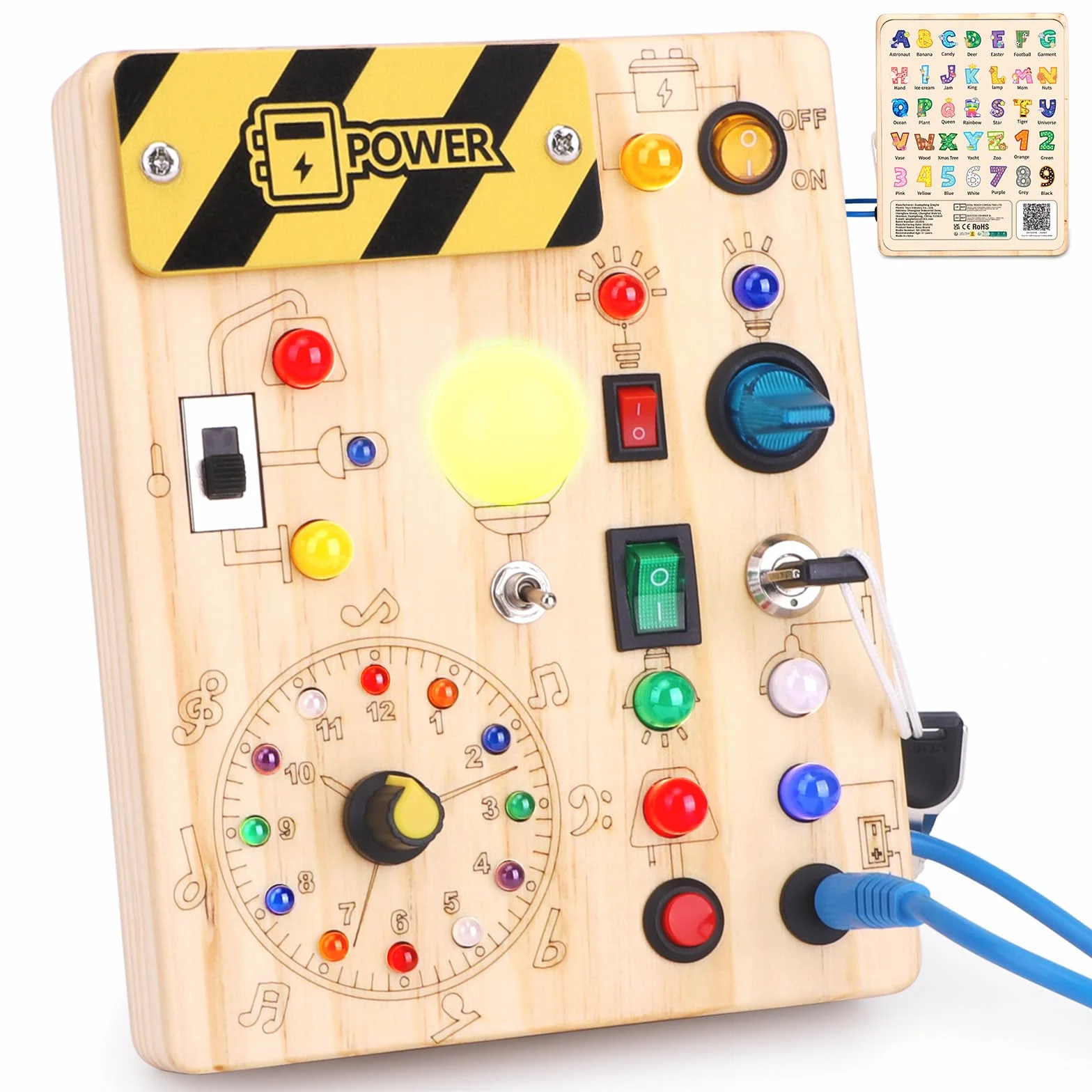 Tableau d'activité Montessori en bois avec 10 interrupteurs et 23 voyants LED Jouet sensoriel éducatif pour tout-petits 1 an Cadeau garçon