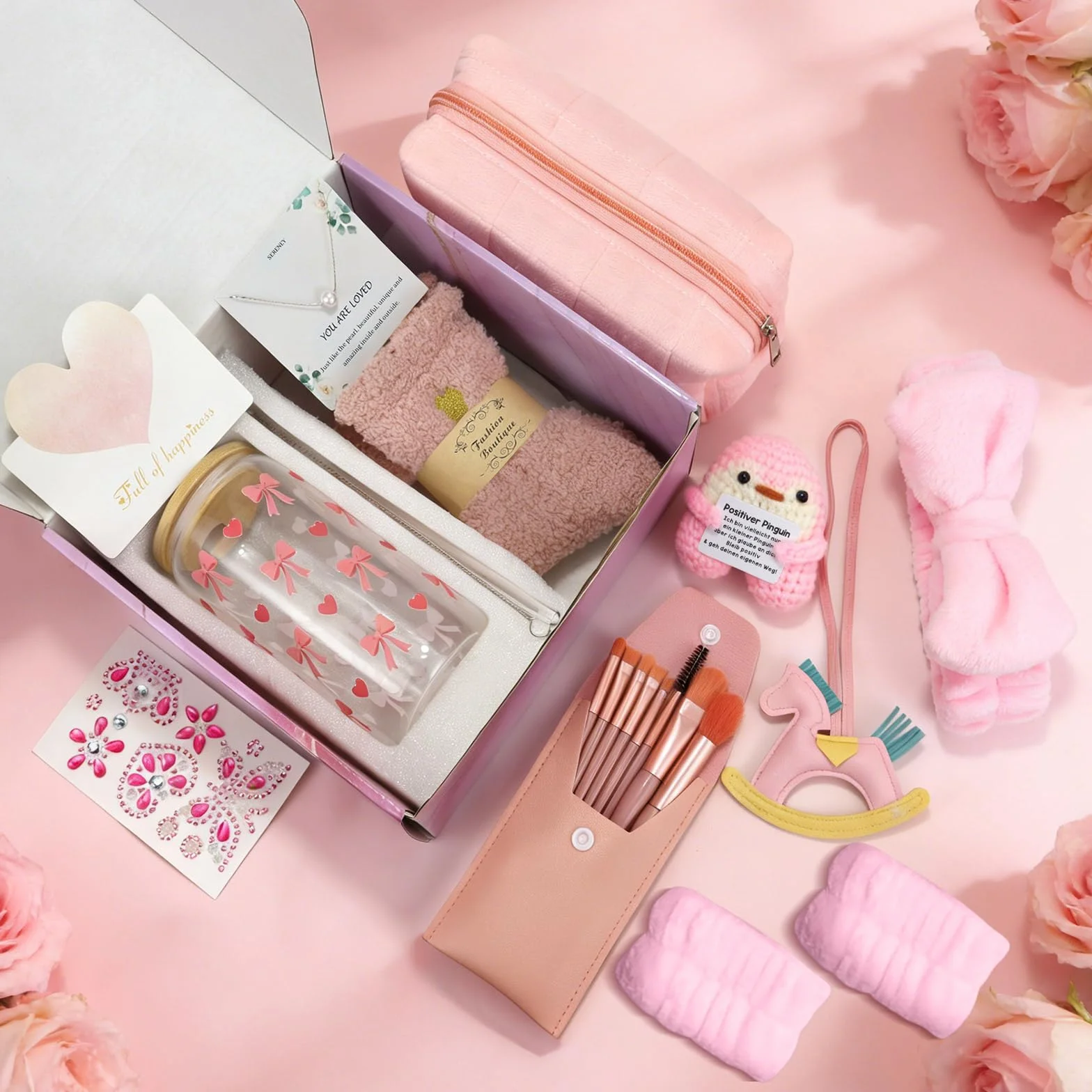 Tasse en Verre avec Couvercle et Pailles, Pinceaux de Maquillage, Trousse, Chaussettes, Bracelet, Bandeau pour Fille 9-15 Ans