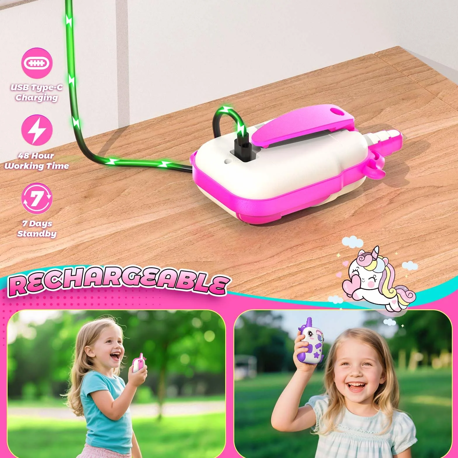 Talkie Walkie Enfants Rechargeable Licorne Jouet Fille 3-8 Ans Cadeau Anniversaire Jeux Extérieur