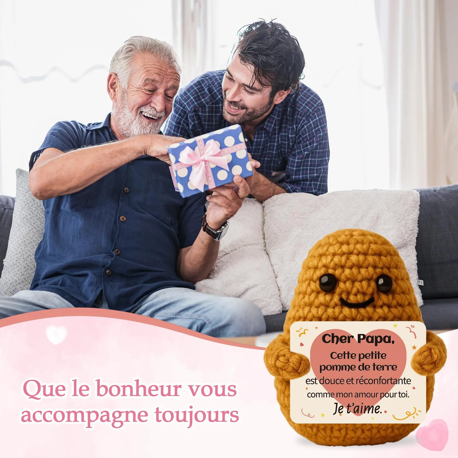 Peluche Patate Tricotée avec Carte et Porte-Clés, Cadeau Papa Anniversaire Fête des Pères Noël