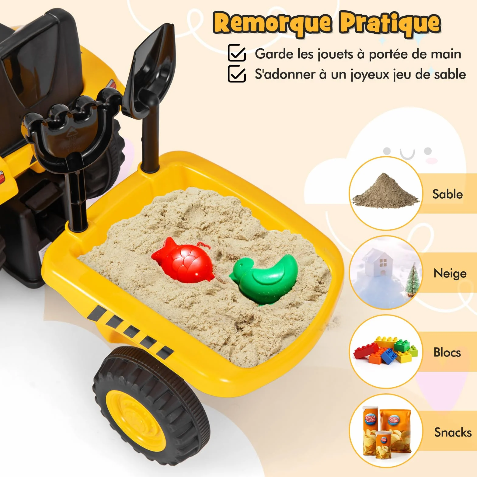 COSTWAY Caterpillar Porteur Tracteur Enfants avec Remorque Amovible & Pelle & Râteau, Voiture Enfants à 6 Pneus avec Lumière LED & Musique & Klaxon, Charge 25kg pour Enfants de 1,5-3 Ans