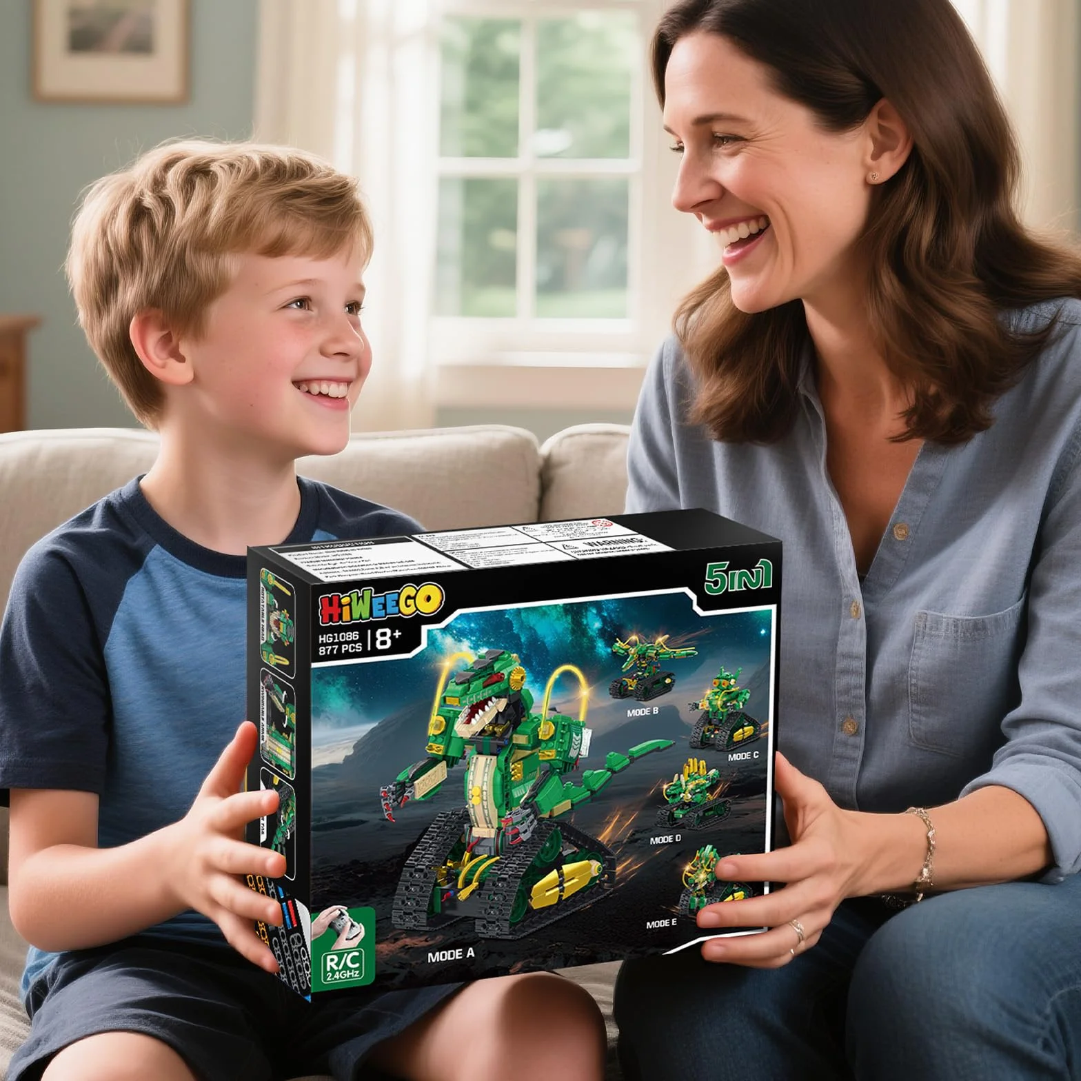 HiWEEGO Jouet de Construction Dinosaure Télécommandé 5 en 1 877 Pièces Robot Rechargeable