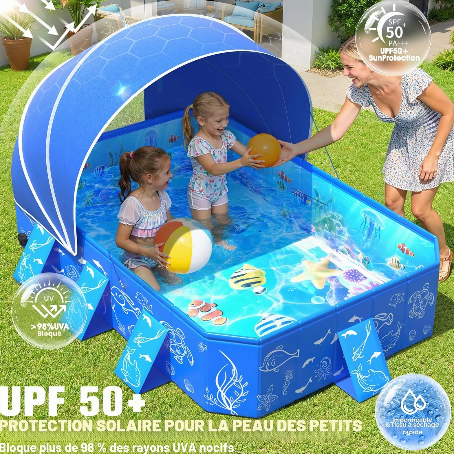 KingSom Piscine Rectangulaire Enfants avec Auvent, Pliable Pare Soleil Anti UV, 135 x 102 x 31 cm