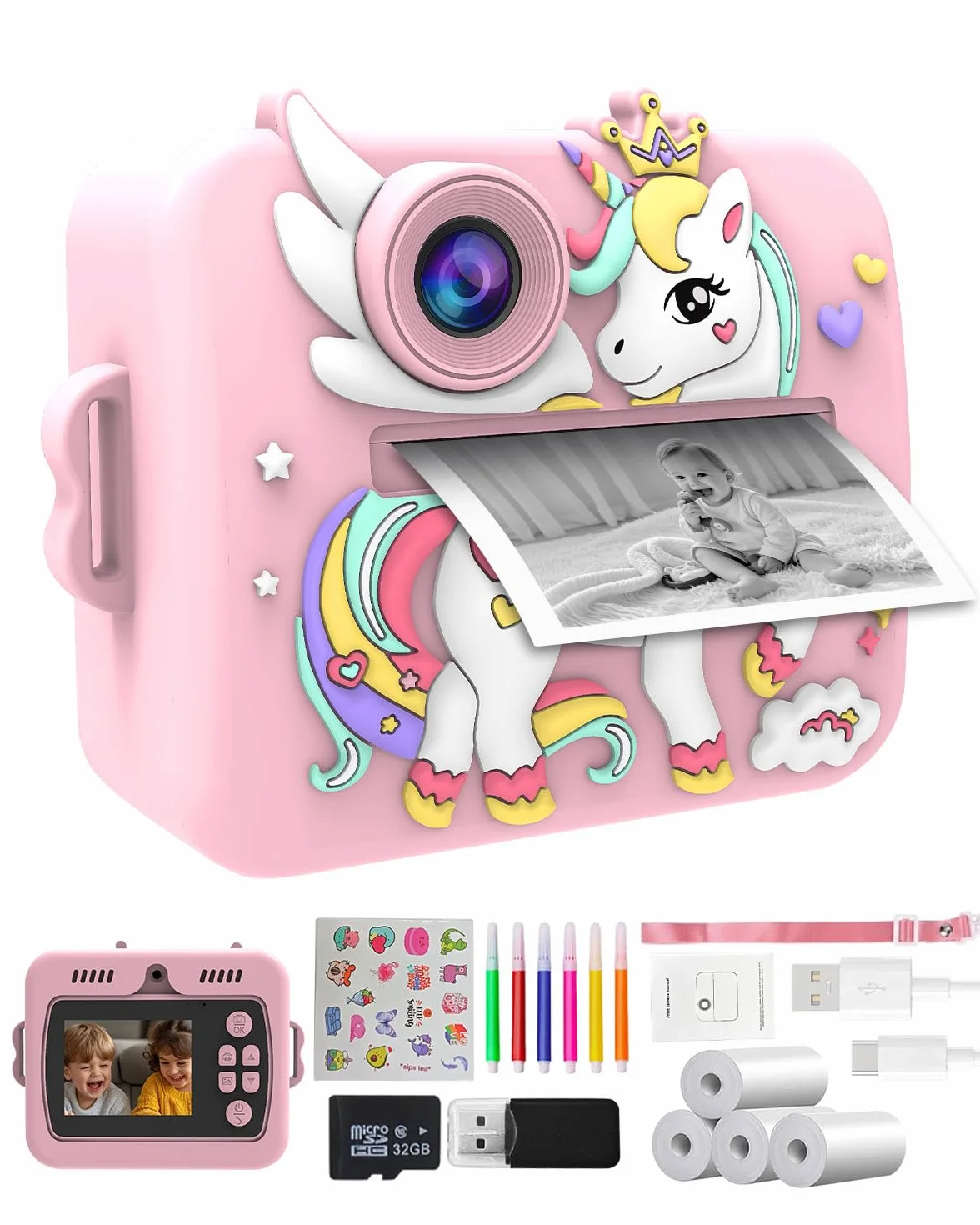 Appareil Photo Instantané Enfants Licorne 2.4" Écran Vidéo 1080P Zoom 16X Impression Thermique 32Go Rose