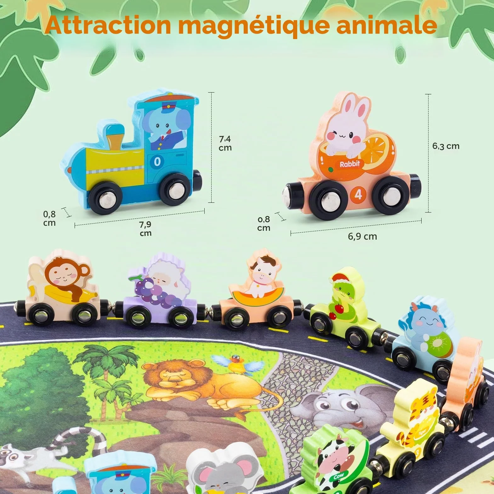 Train d'animaux magnétiques en bois Montessori lot de 13 jouet éducatif 1 2 3 ans