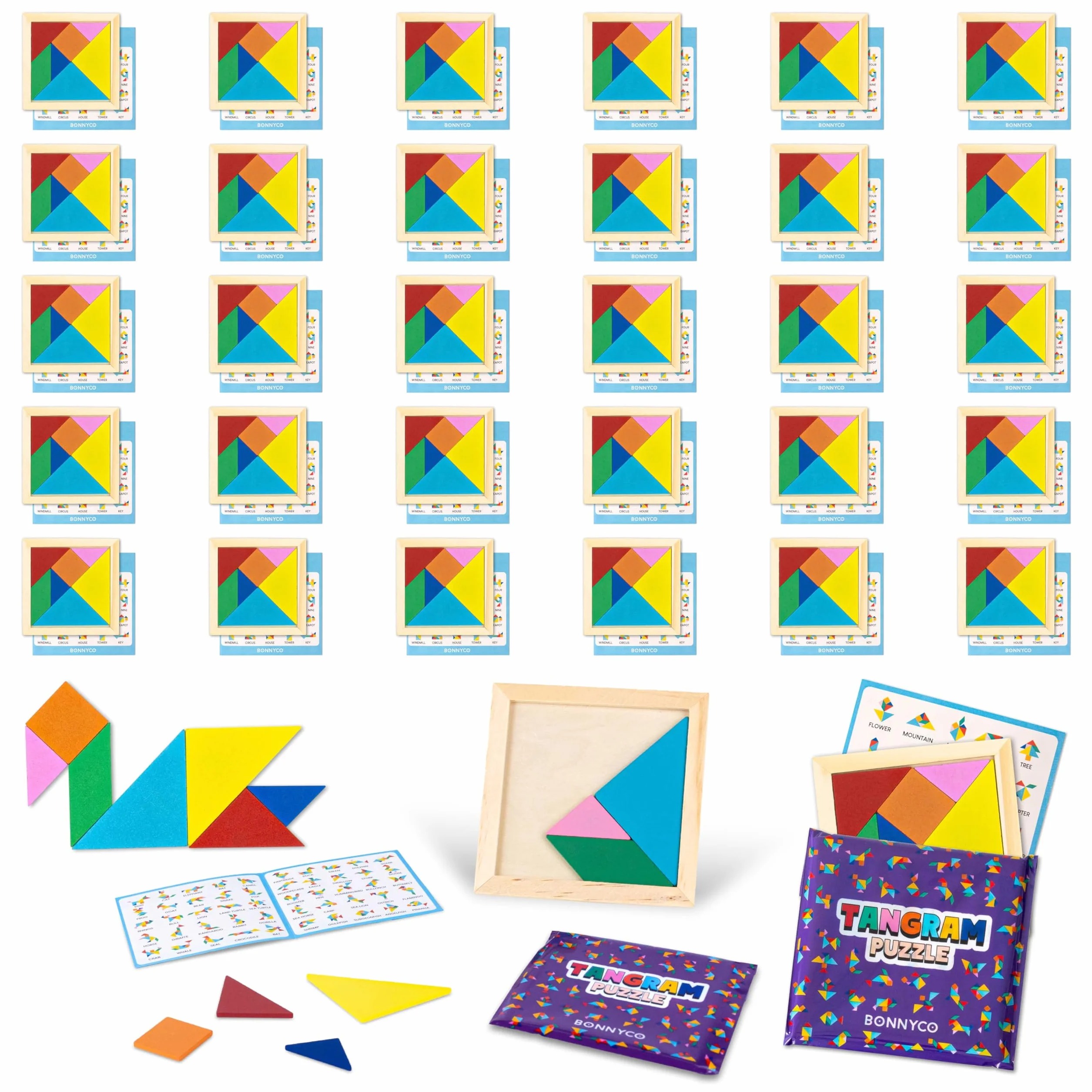 BONNYCO Jeu Tangram Enfant 30 PCS Cadeau Anniversaire Bois Mini Jeux Pinata