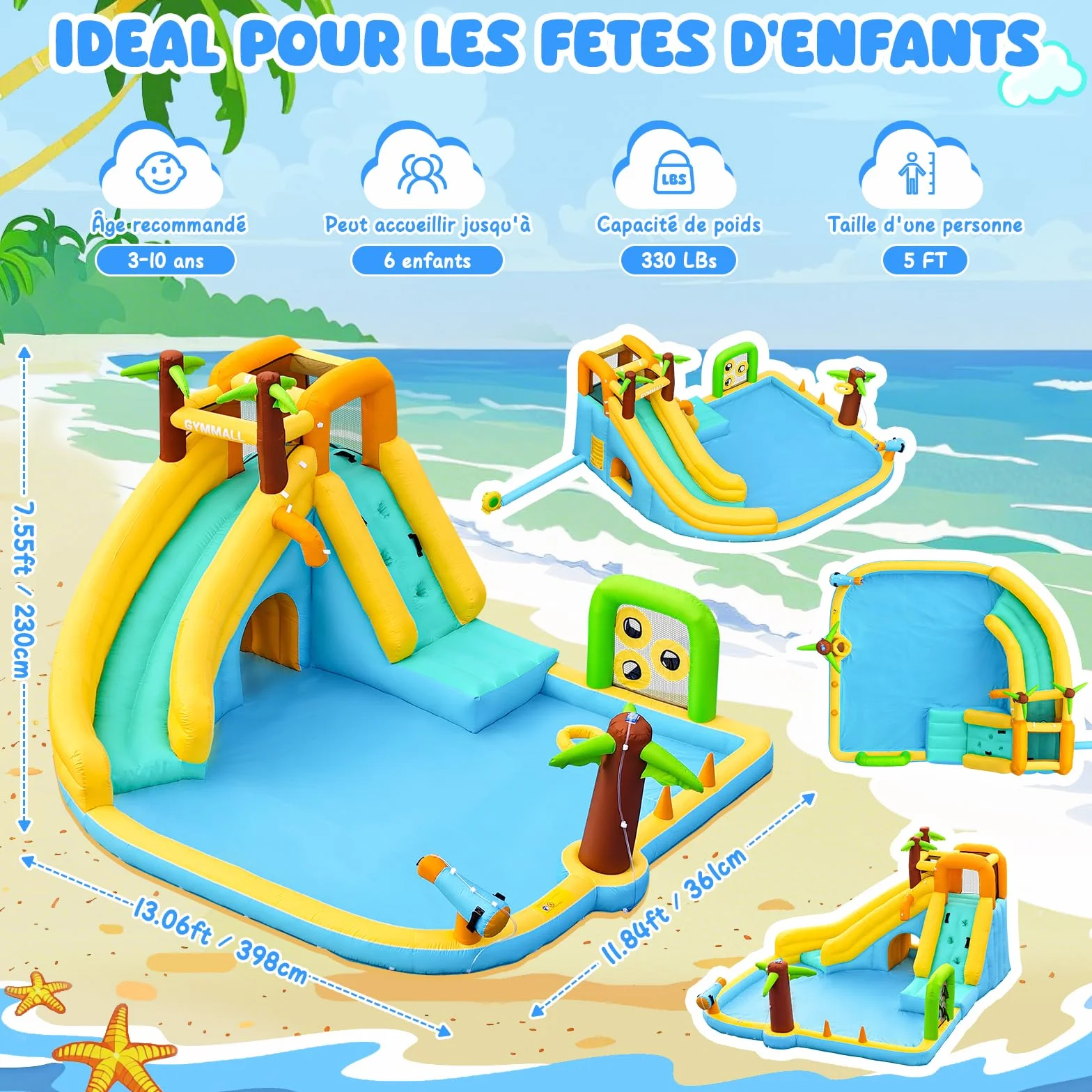 Château Gonflable à Eau 450W 10-en-1 Toboggan Aquatique pour Enfants avec Piscine et Glissade