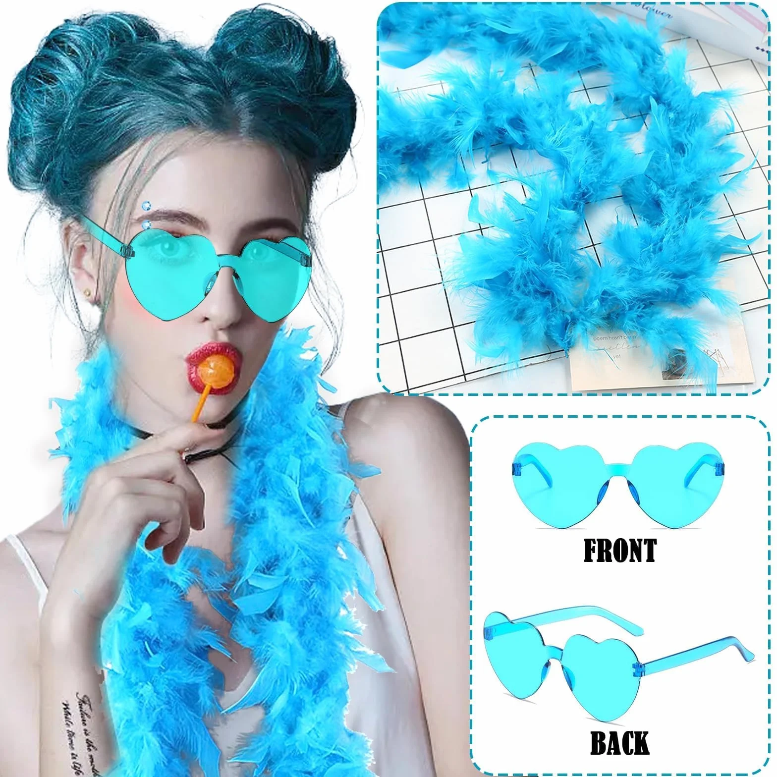 Boa en plumes 4PCS avec Lunettes de Soleil en Forme de Cœur pour Halloween Fête Carnaval