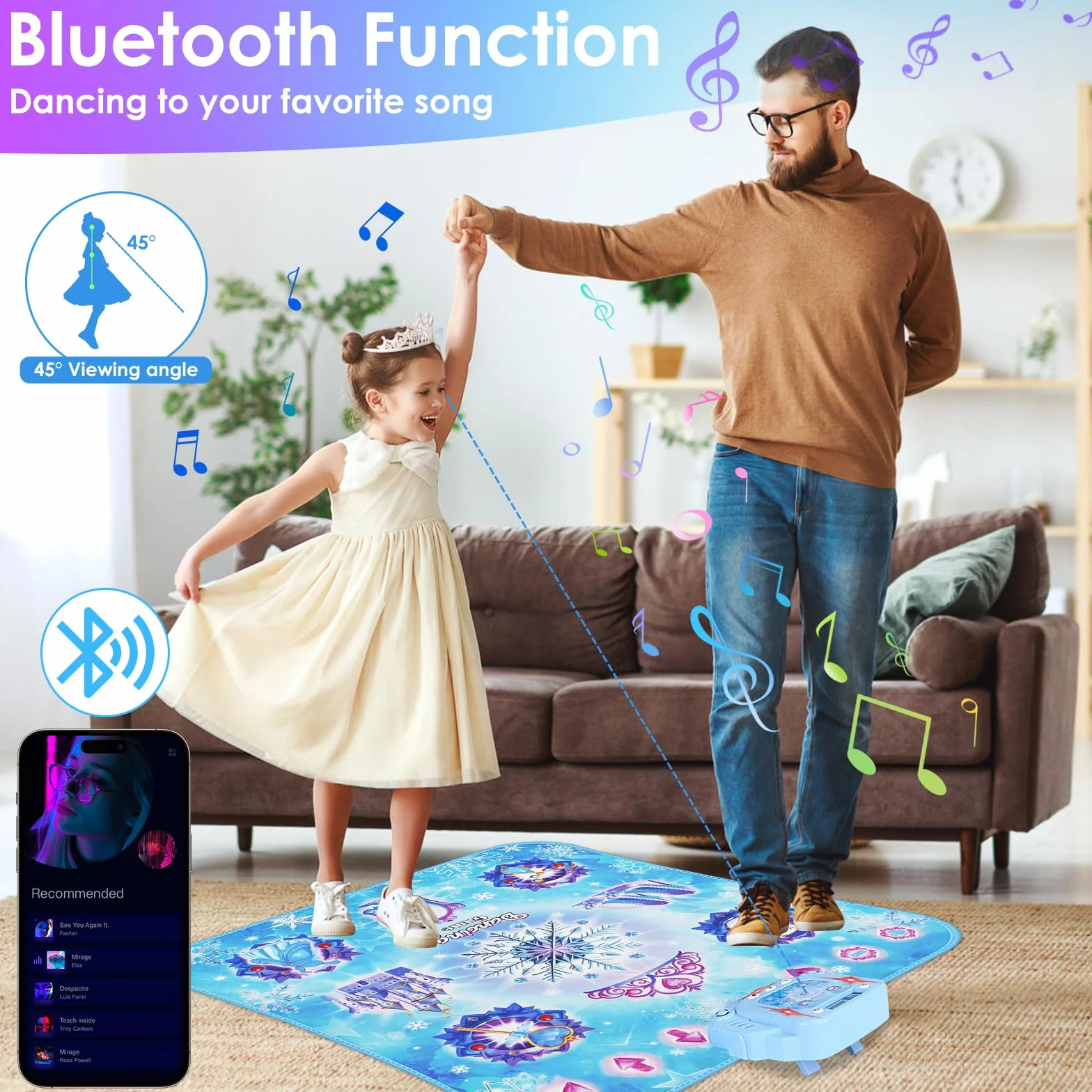 GuKKK Tapis de Danse pour Enfants 8 Touches Bluetooth Musical Interactif Cadeau Noël Filles 3-8+ Ans Bleu