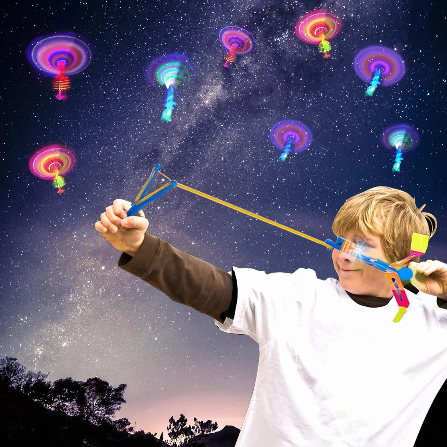Jouets LED Lumineux Helicoptere 15 Pièces Catapulte Volant Fronde pour Enfants Anniversaire