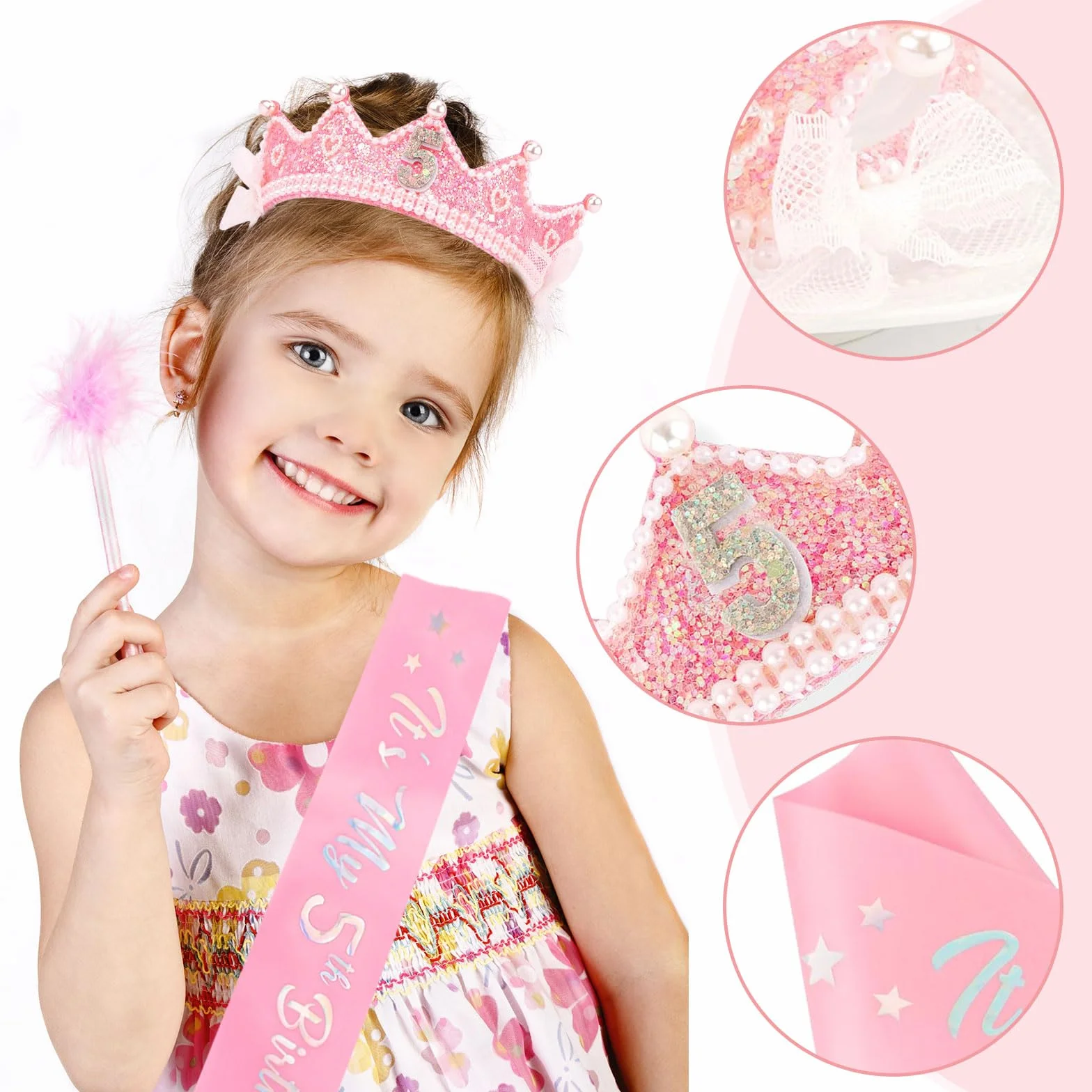 Couronne Anniversaire Fille avec Perles Roses et Écharpe, Ceinture Réglable, Bandeau Princesse