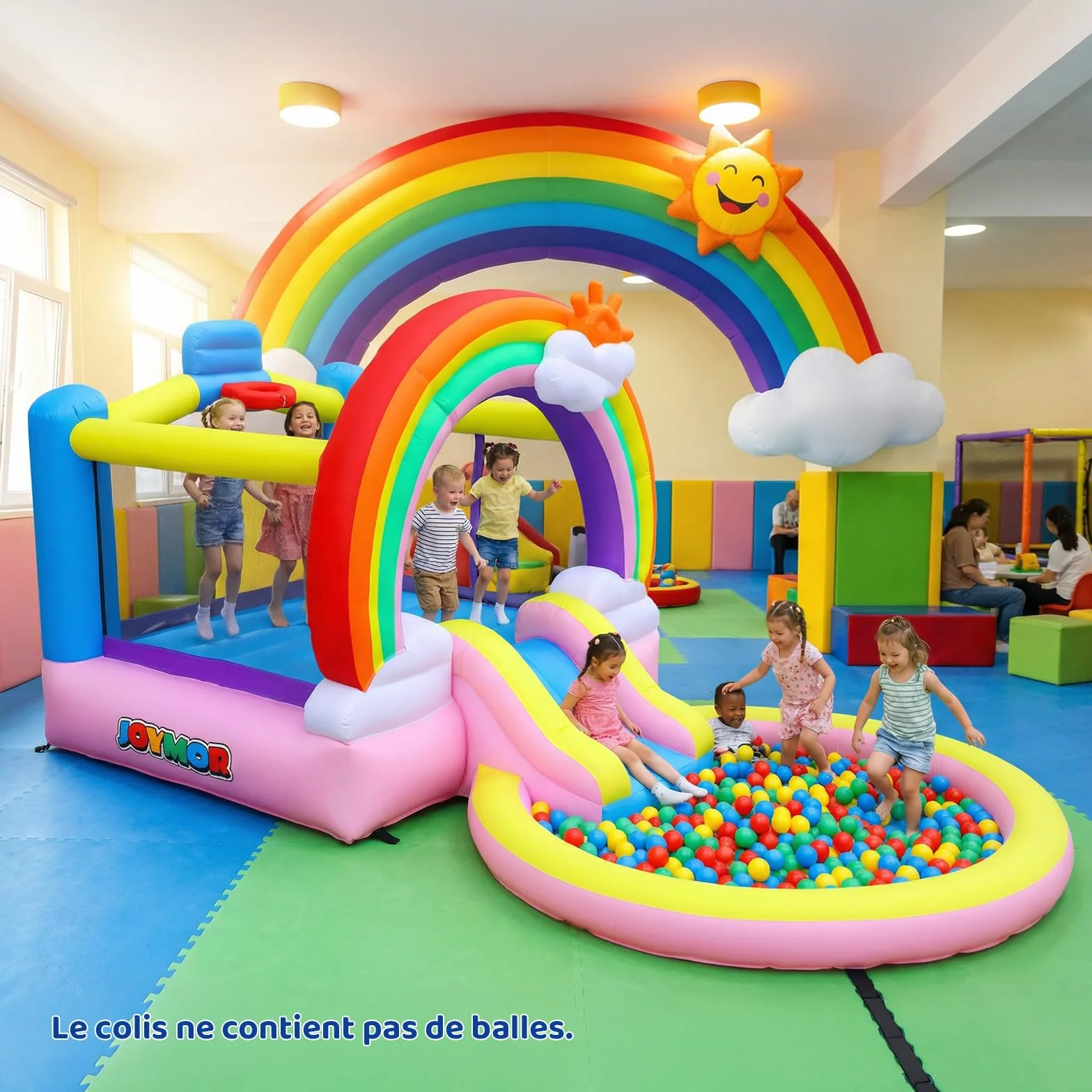 Bonnlo Chateau Gonflable avec Piscine à Balles, Toboggan Aquatique et Trampoline pour Enfant, Thème Arc-en-Ciel