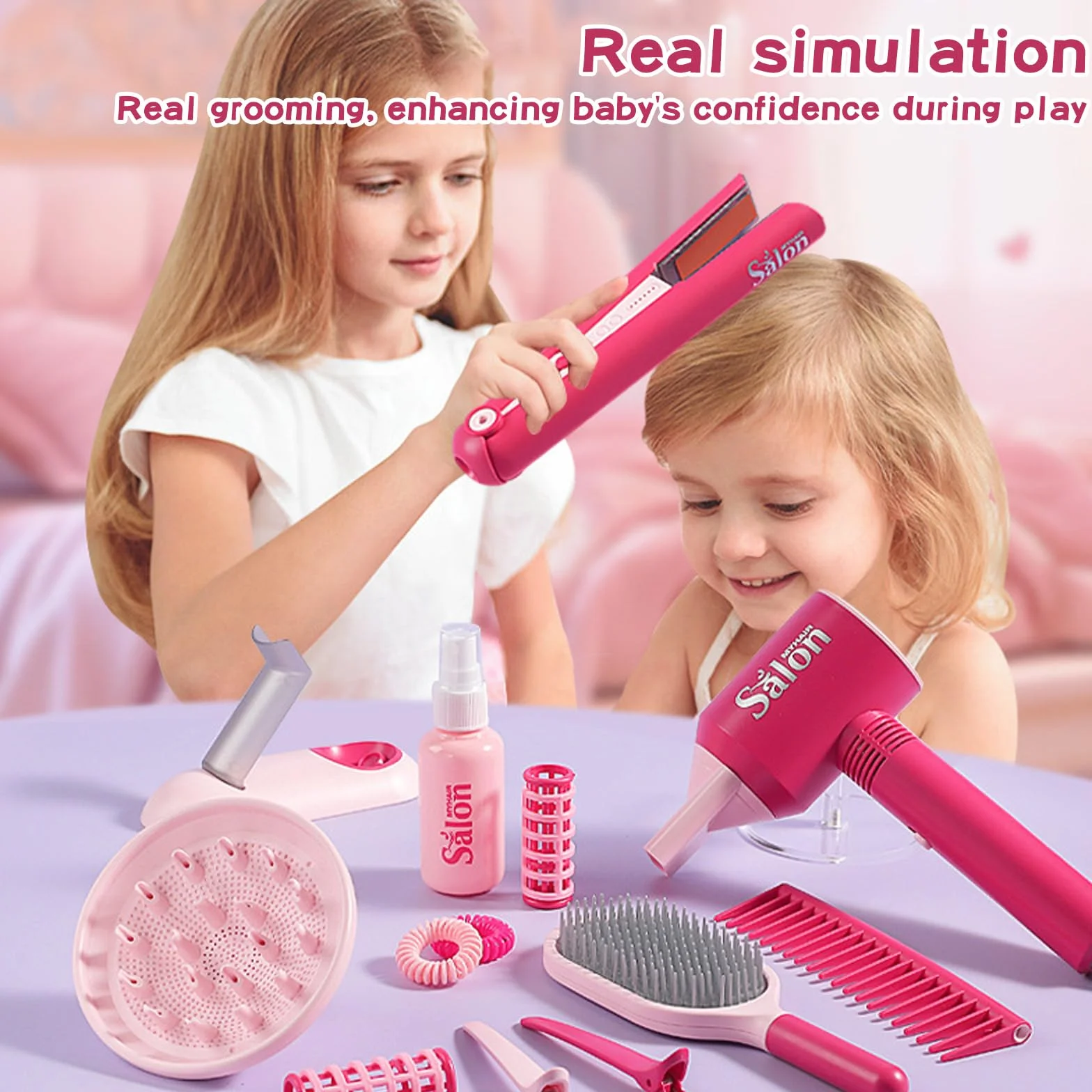 Ensemble de Salon de Beauté 22 Pièces Kit Coiffure Enfants Jouets Simulation Coiffeur 3+ Ans