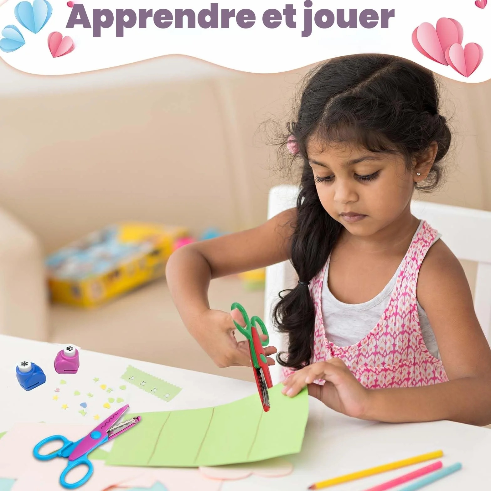 Lot de 6 Ciseaux de Bricolage pour Enfants avec Perforatrices à Papier, 6 Formes de Coupe
