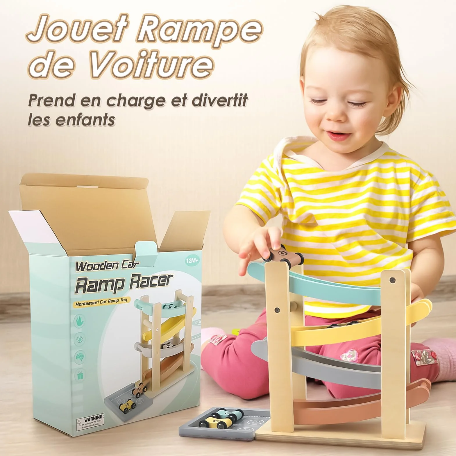 Vanplay Jouet Garcon 1 Ans Jouet Voiture Bebe Jouet en Bois avec 4 Mini-Voitures et Garage, Cadeau Enfant 1 2 Ans
