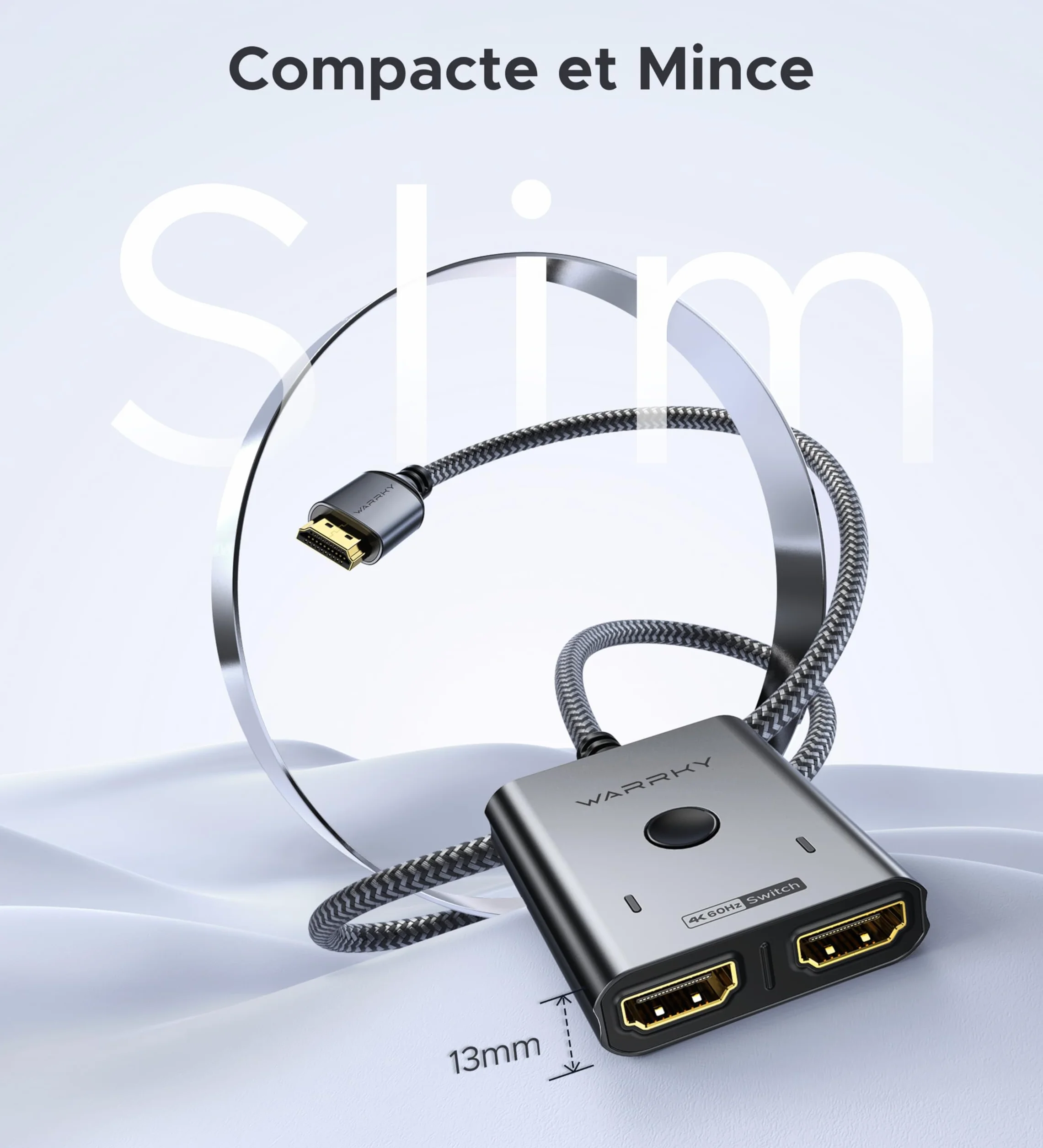 WARRKY Commutateur HDMI 4K 60Hz Bidirectionnel 2 Entrées 1 Sortie avec Câble Tressé Fixe 1M Coquille Aluminium