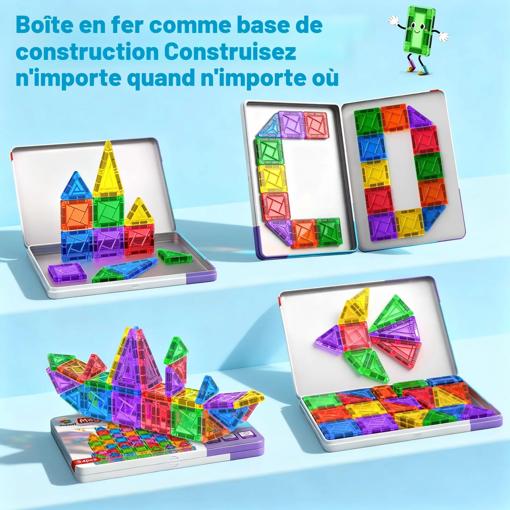 Bloc de Construction Magnetique 54PCS Jouet Cadeau Enfant 3 Ans Blocs Magnetic Tiles Montessori