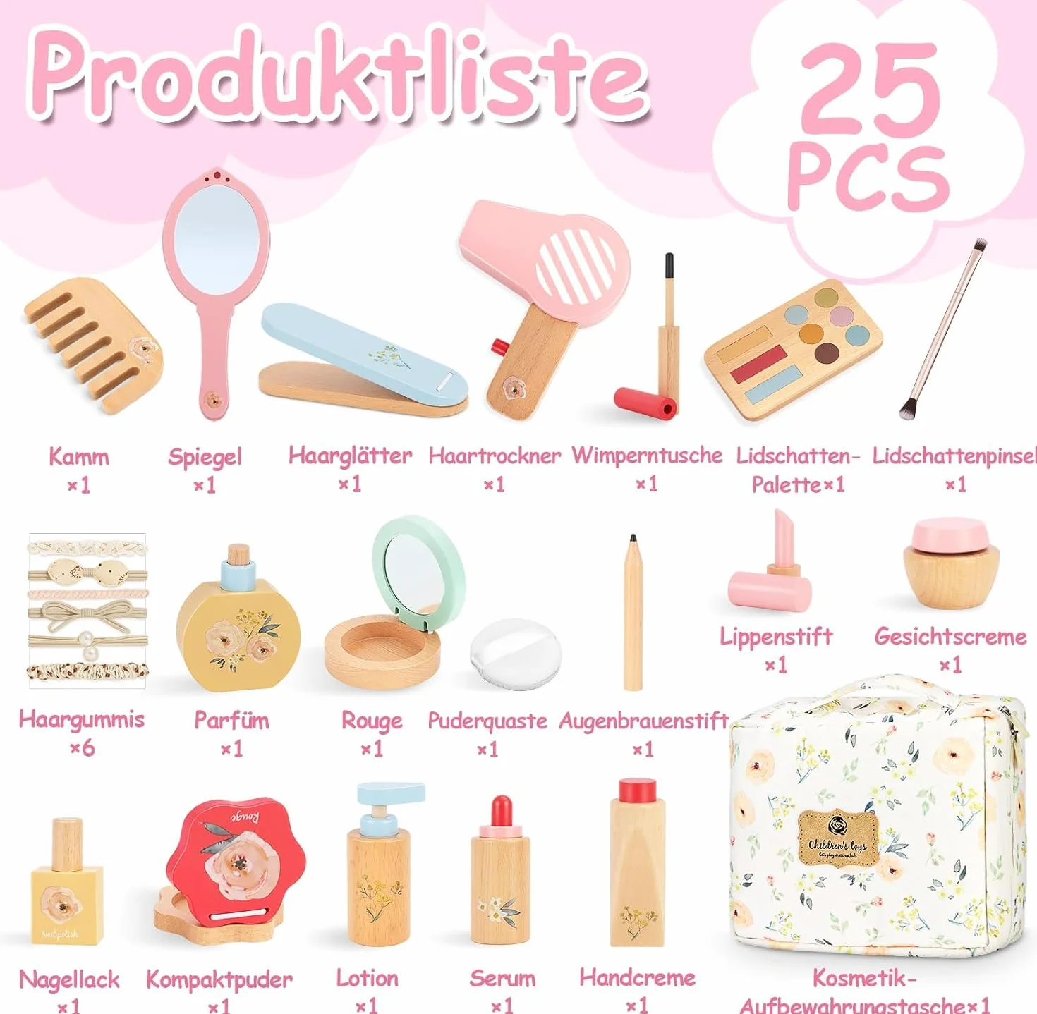Herefun Coffret Maquillage Enfant 25 Pièces en Bois avec Trousse Maquillage